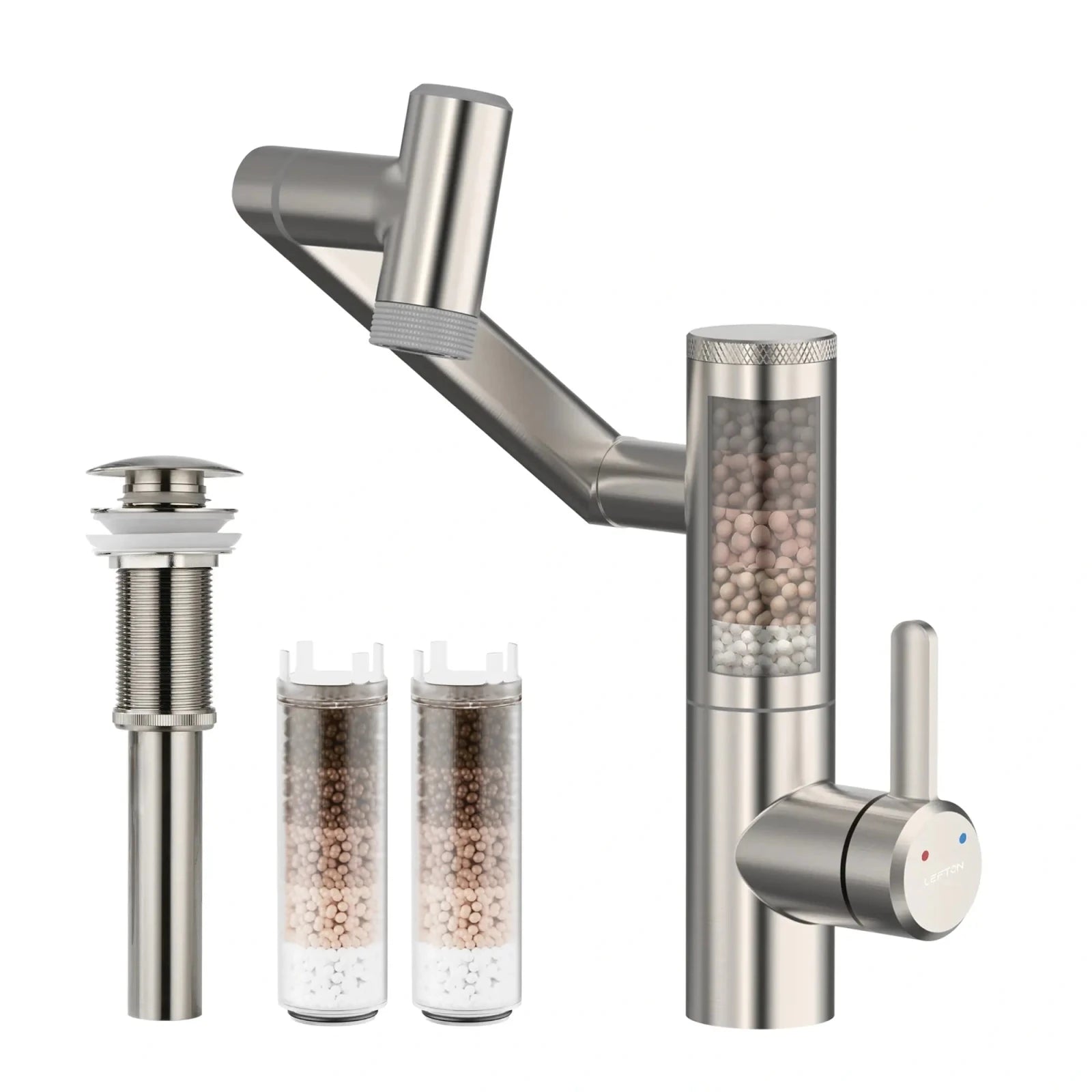 Lefton 1080° Rotating Bathroom Built - in Filter Faucet - BPF01 with Drain Stopper - D01 and Replacement Cartridge Filter - BPF01 - FT - Bathroom Faucets - Lefton Home