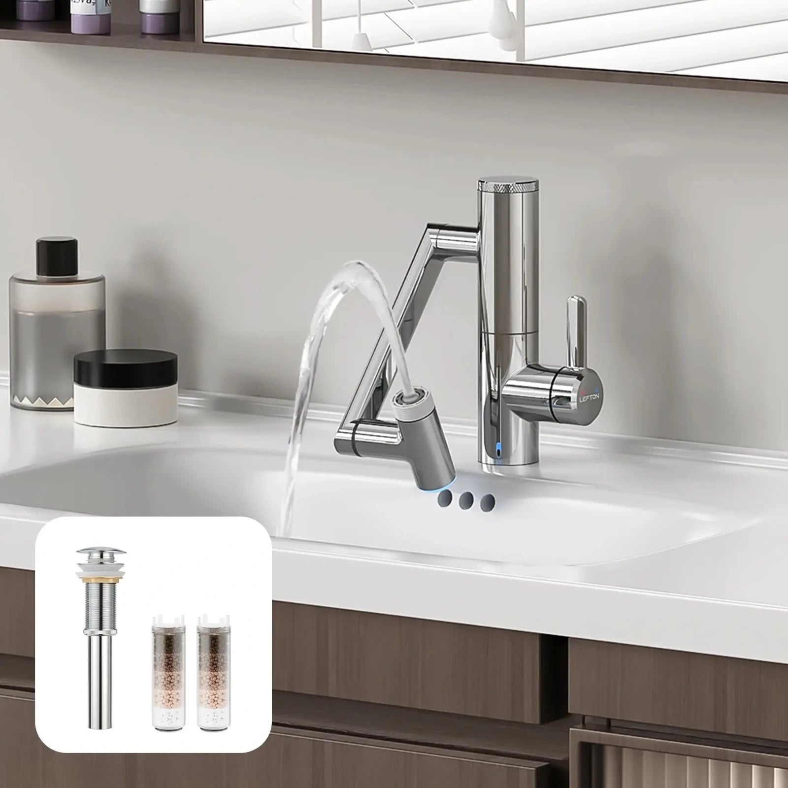 Lefton 1080° Rotating Bathroom Built - in Filter Faucet - BPF01 with Drain Stopper - D01 and Replacement Cartridge Filter - BPF01 - FT - Bathroom Faucets - Lefton Home