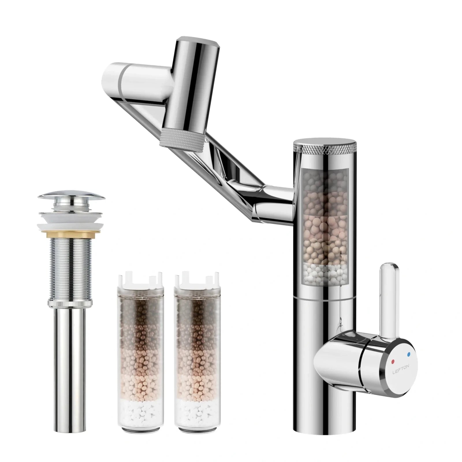 Lefton 1080° Rotating Bathroom Built - in Filter Faucet - BPF01 with Drain Stopper - D01 and Replacement Cartridge Filter - BPF01 - FT - Bathroom Faucets - Lefton Home