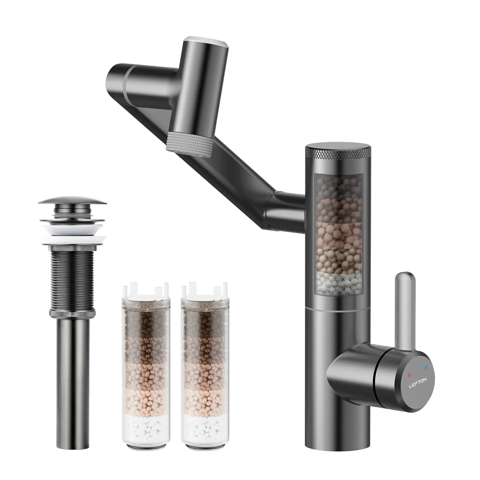 Lefton 1080° Rotating Bathroom Built - in Filter Faucet - BPF01 with Drain Stopper - D01 and Replacement Cartridge Filter - BPF01 - FT - Bathroom Faucets - Lefton Home