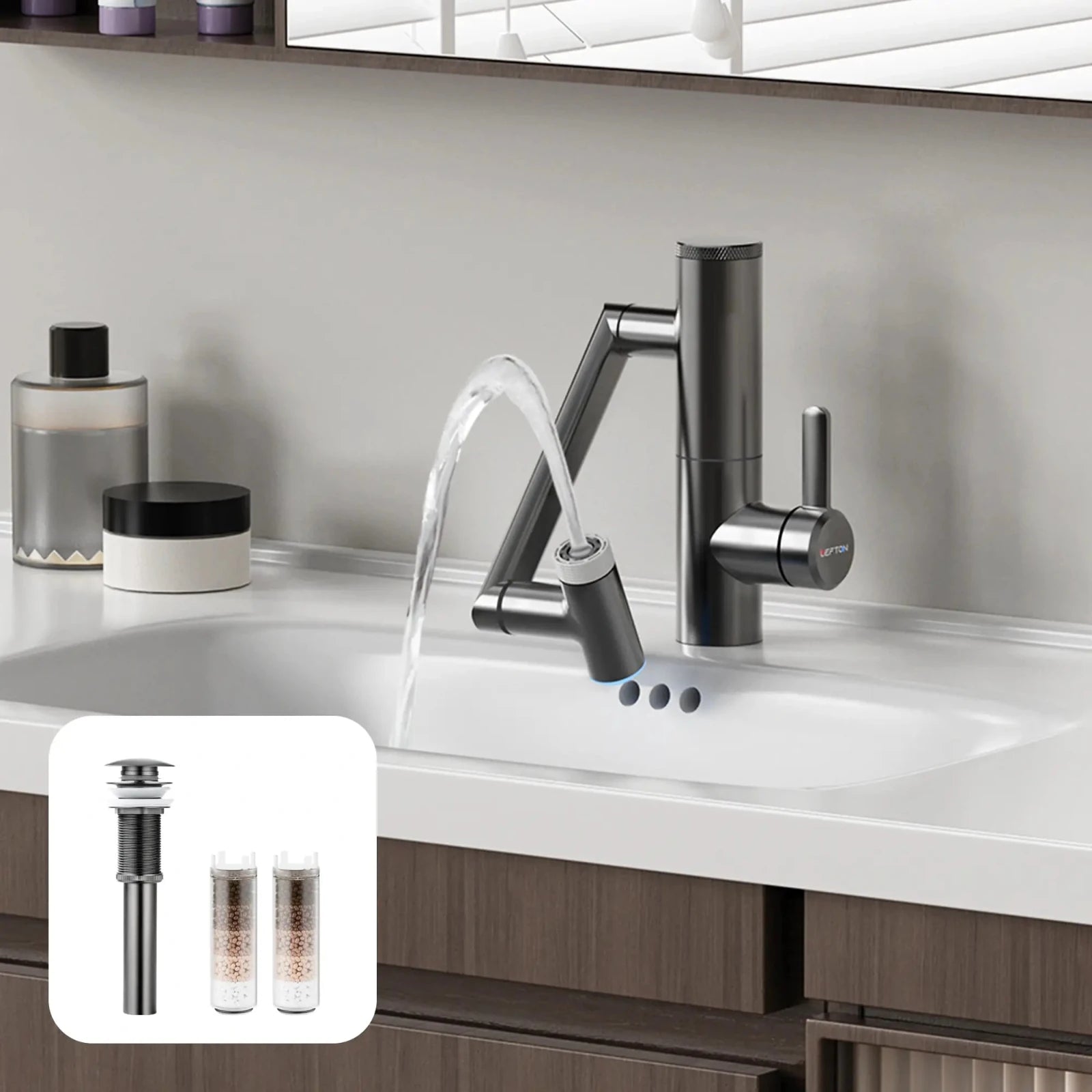Lefton 1080° Rotating Bathroom Built - in Filter Faucet - BPF01 with Drain Stopper - D01 and Replacement Cartridge Filter - BPF01 - FT - Bathroom Faucets - Lefton Home