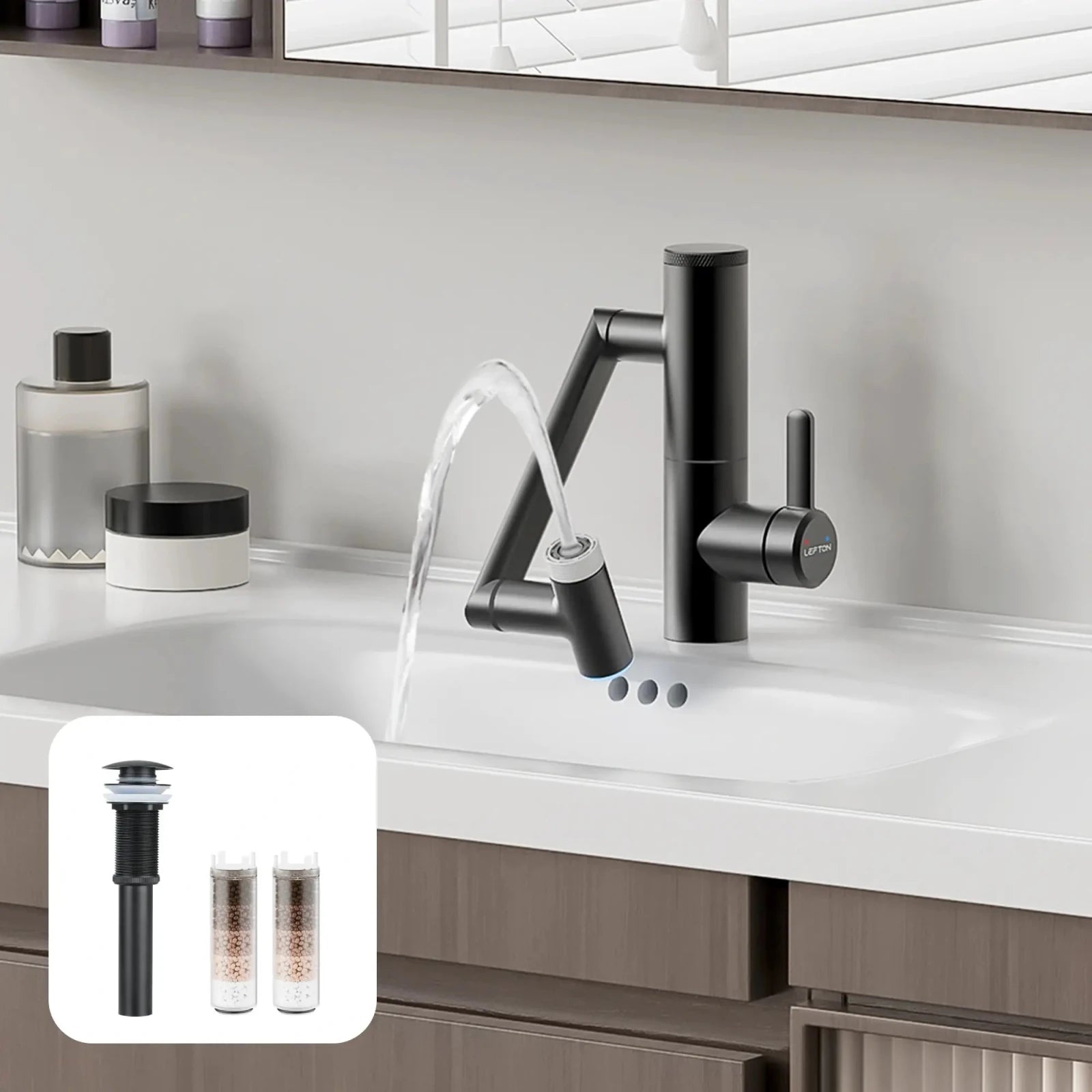 Lefton 1080° Rotating Bathroom Built - in Filter Faucet - BPF01 with Drain Stopper - D01 and Replacement Cartridge Filter - BPF01 - FT - Bathroom Faucets - Lefton Home