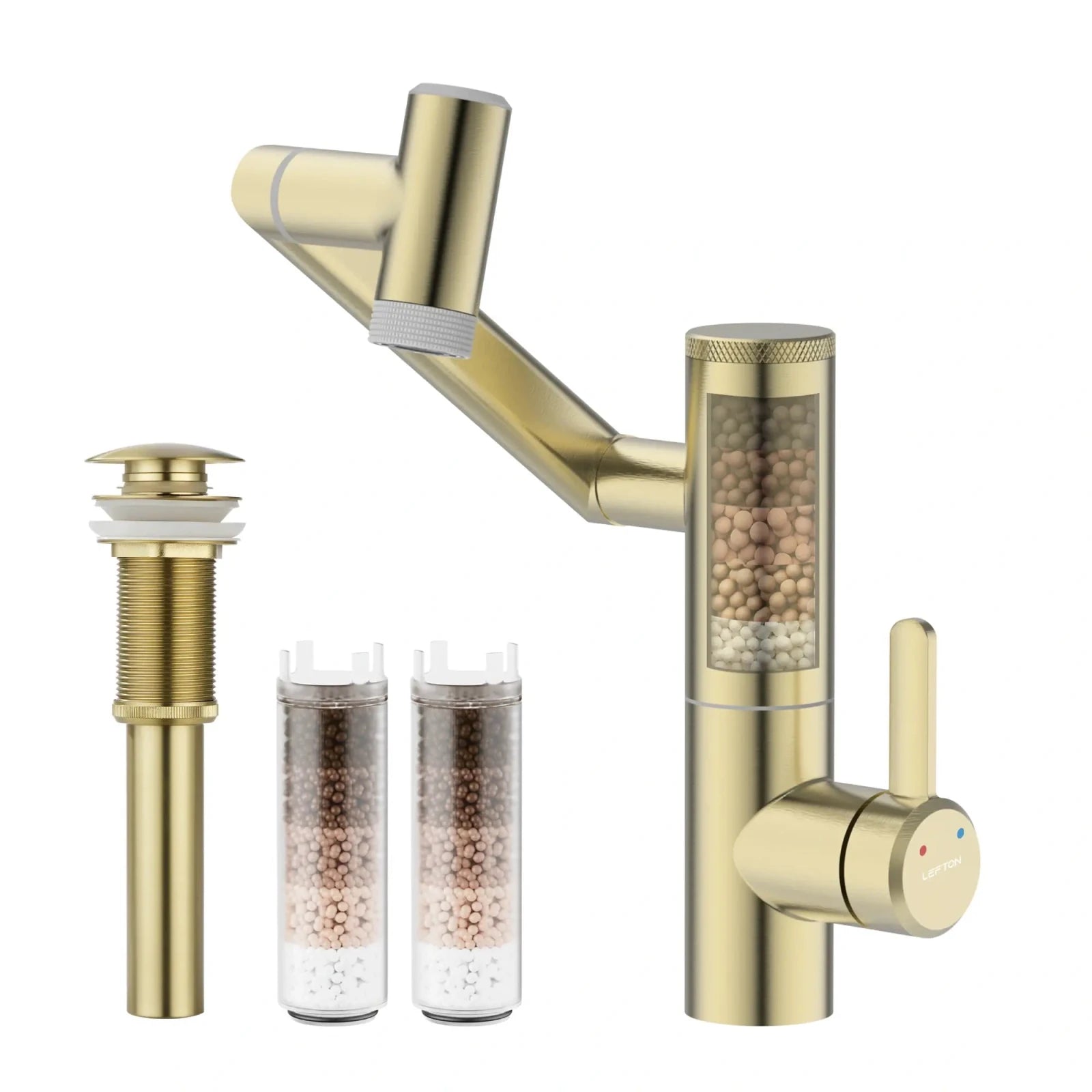 Lefton 1080° Rotating Bathroom Built - in Filter Faucet - BPF01 with Drain Stopper - D01 and Replacement Cartridge Filter - BPF01 - FT - Bathroom Faucets - Lefton Home