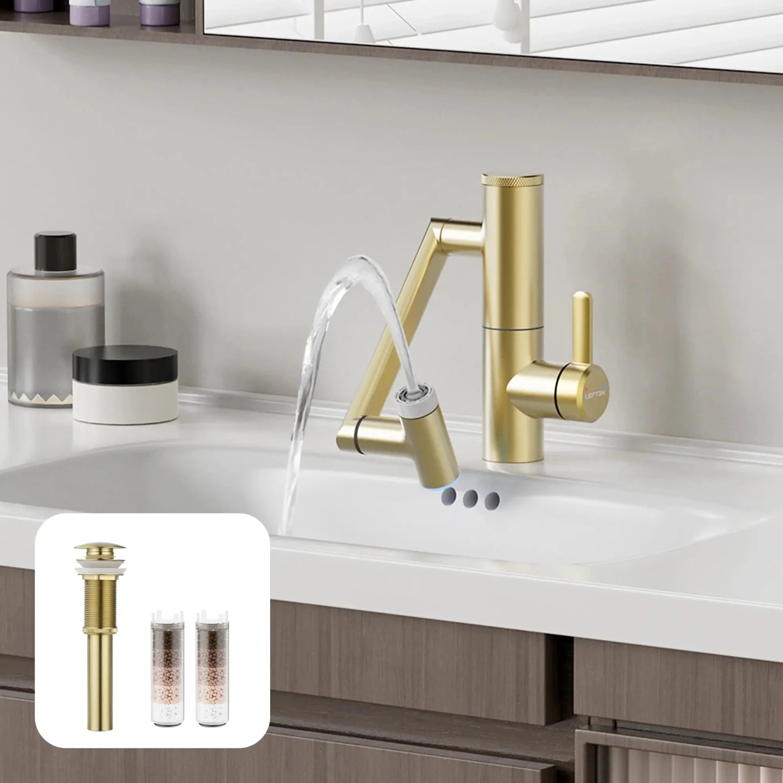 Lefton 1080° Rotating Bathroom Built - in Filter Faucet - BPF01 with Drain Stopper - D01 and Replacement Cartridge Filter - BPF01 - FT - Bathroom Faucets - Lefton Home