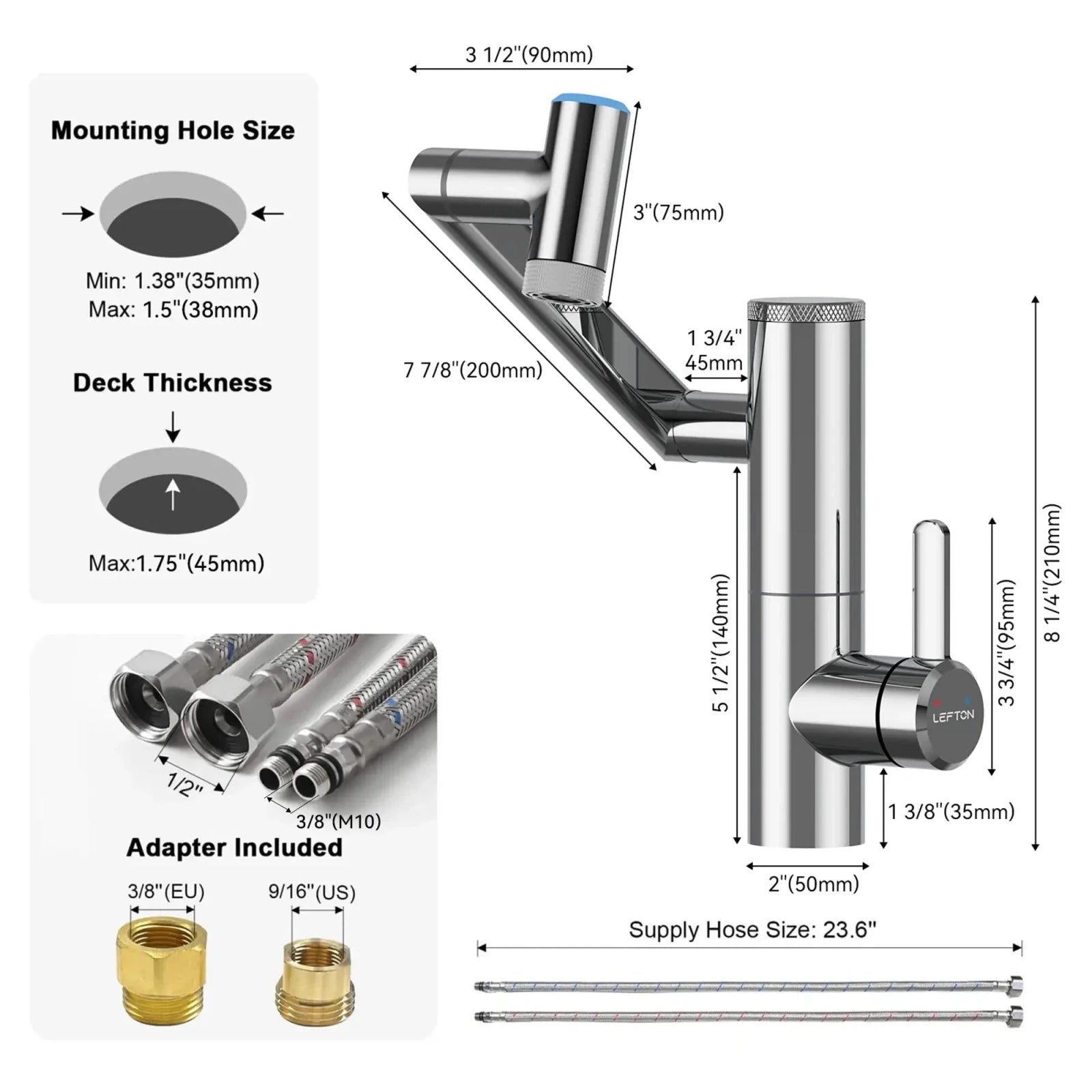 Lefton 1080° Rotating Bathroom Built-in Filter Faucet-BPF01 with Drain Stopper-D01 and Replacement Cartridge Filter-BPF01-FT -Bathroom Faucets- Lefton Home