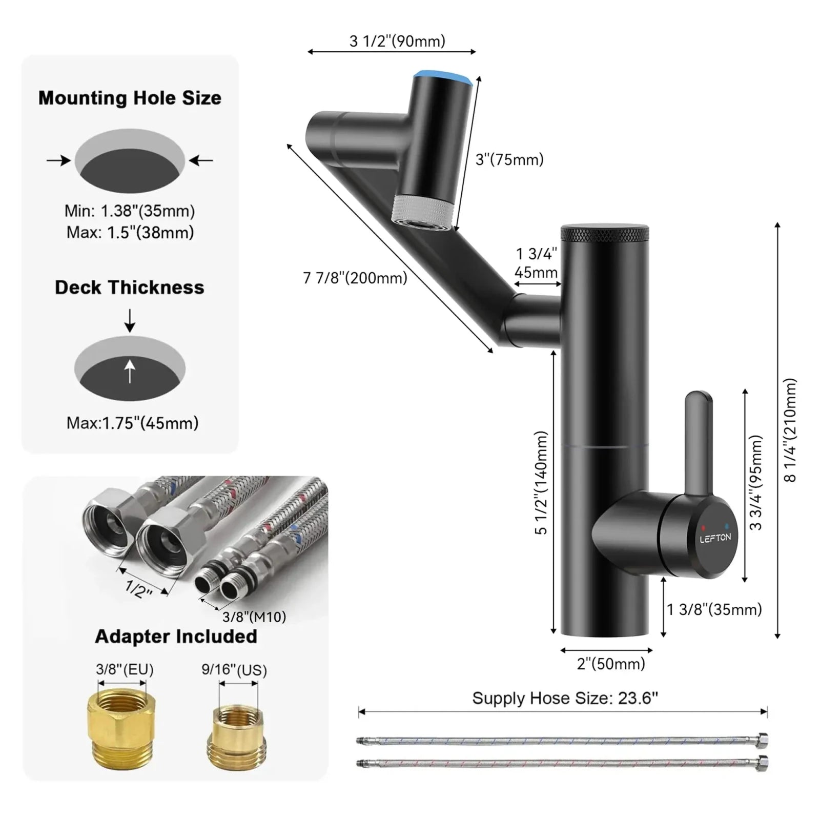 Lefton 1080° Rotating Bathroom Built-in Filter Faucet-BPF01 with Drain Stopper-D01 and Replacement Cartridge Filter-BPF01-FT -Bathroom Faucets- Lefton Home