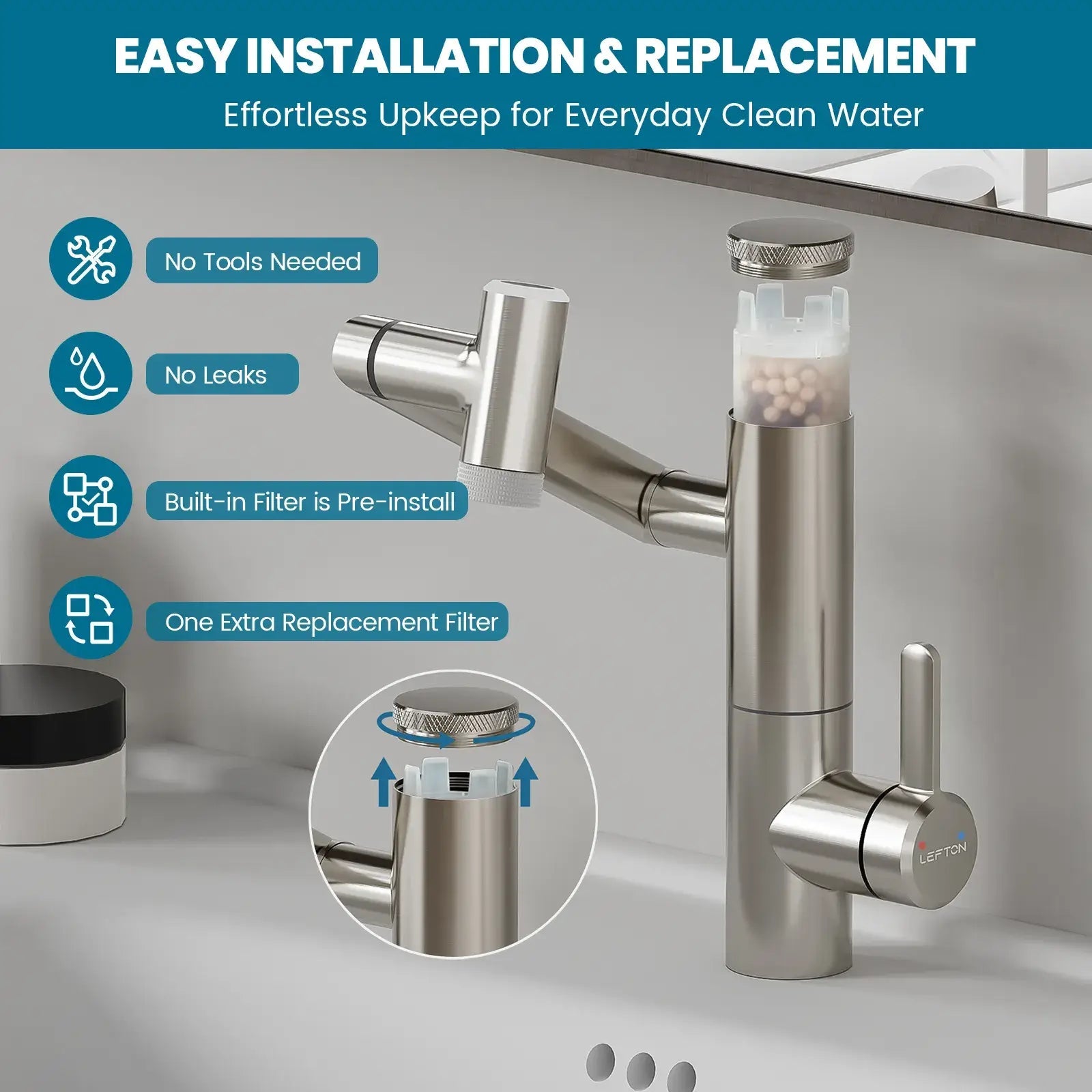 Lefton 1080° Rotating Bathroom Built-in Filter Faucet With Temperature Display-BPF01 -Bathroom Faucets- Lefton Home