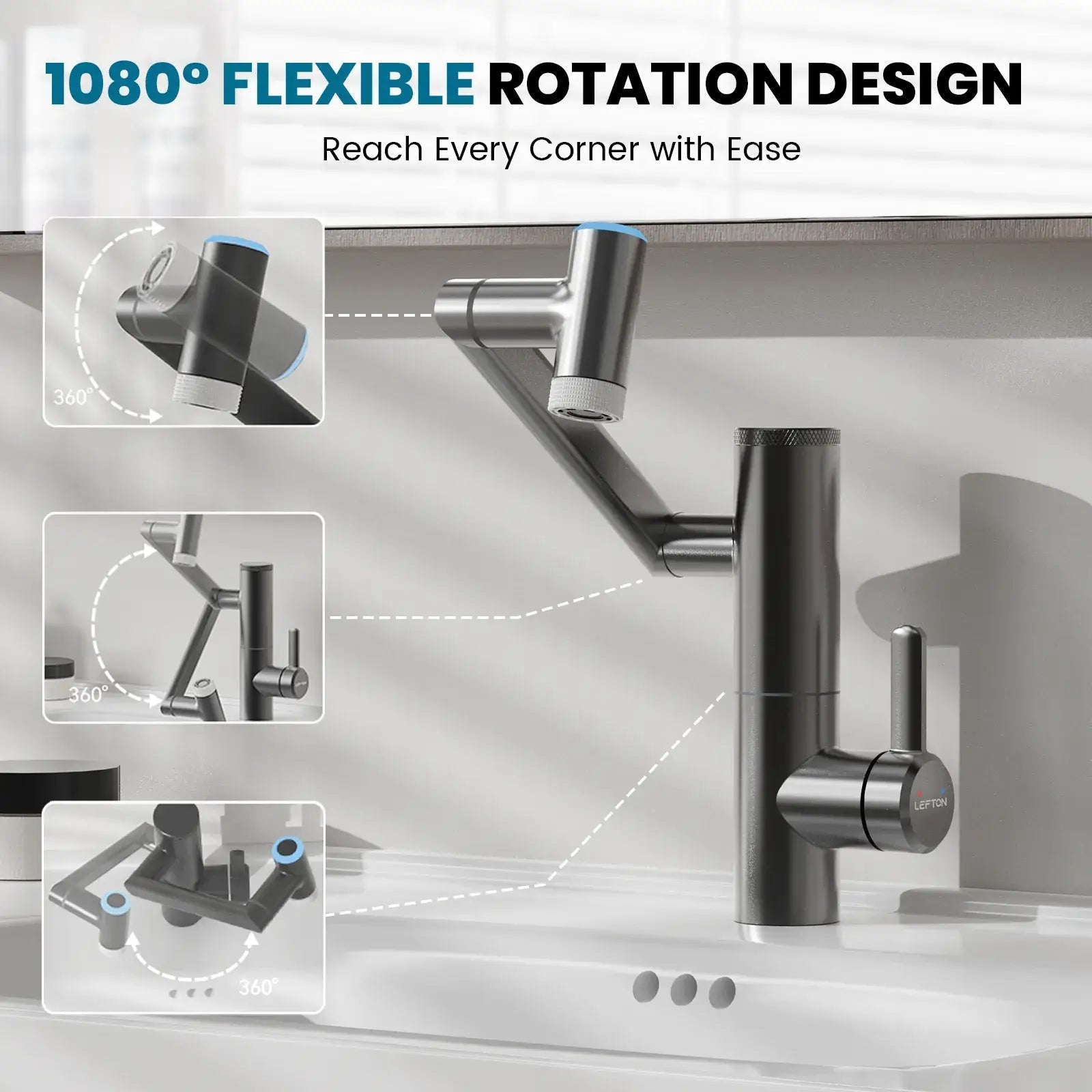 Lefton 1080° Rotating Bathroom Built-in Filter Faucet With Temperature Display-BPF01 -Bathroom Faucets- Lefton Home