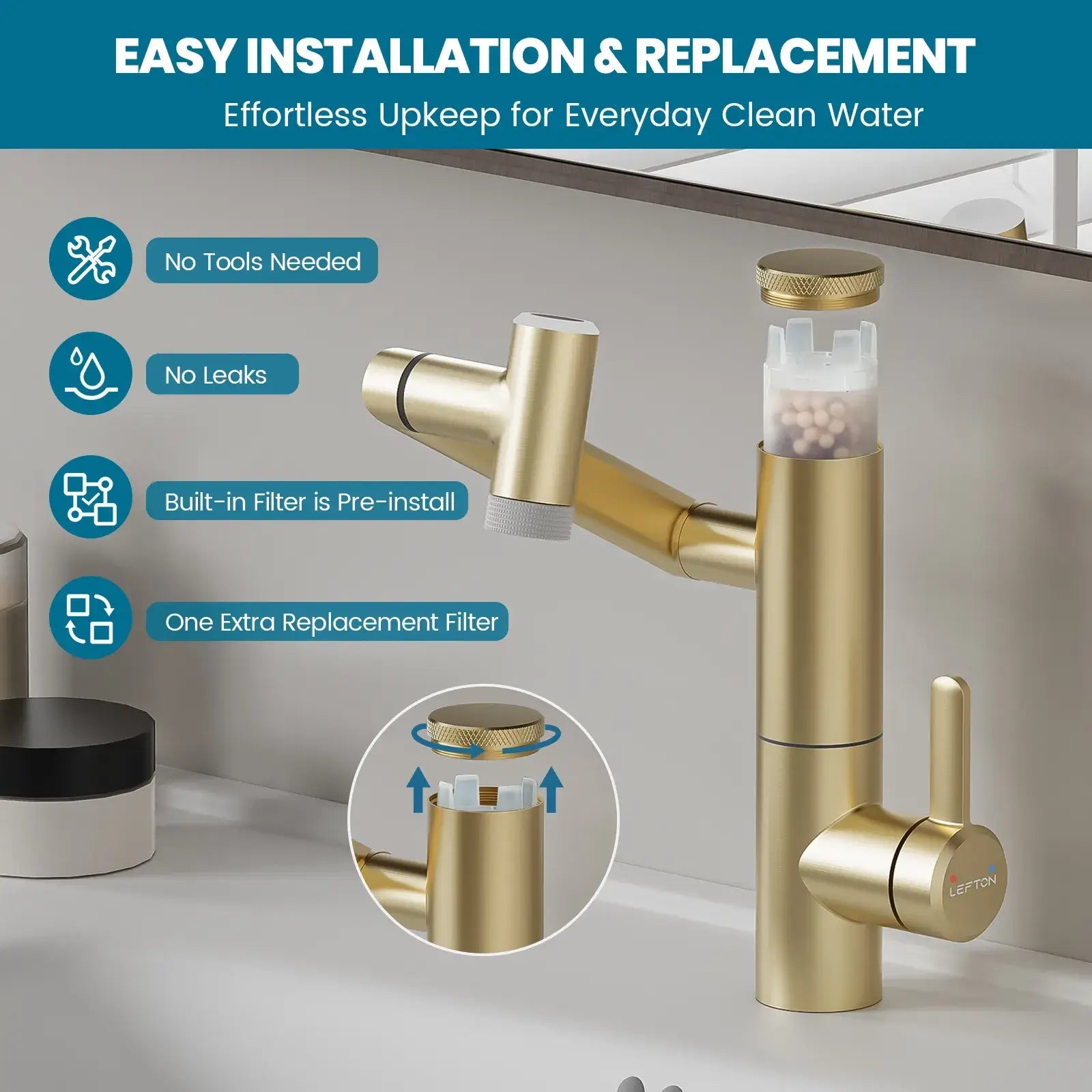 Lefton 1080° Rotating Bathroom Built-in Filter Faucet With Temperature Display-BPF01 -Bathroom Faucets- Lefton Home