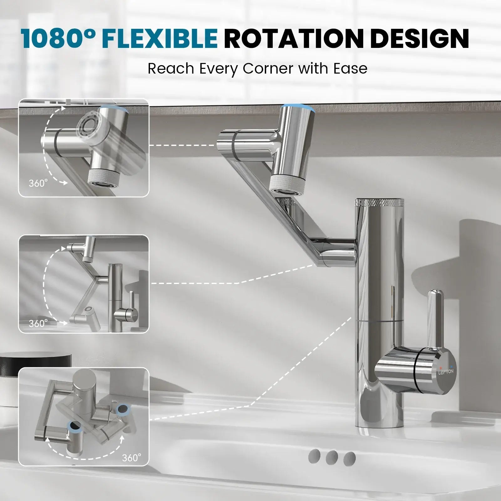 Lefton 1080° Rotating Bathroom Built-in Filter Faucet With Temperature Display-BPF01 -Bathroom Faucets- Lefton Home