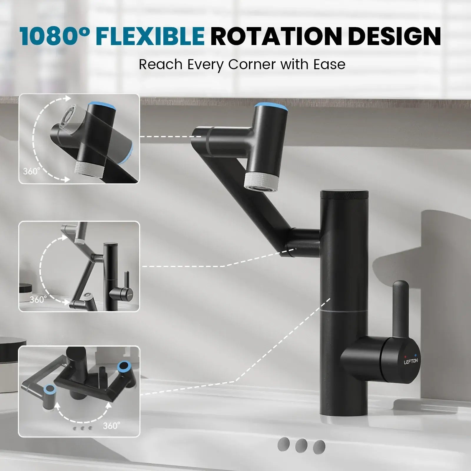 Lefton 1080° Rotating Bathroom Built-in Filter Faucet With Temperature Display-BPF01 -Bathroom Faucets- Lefton Home