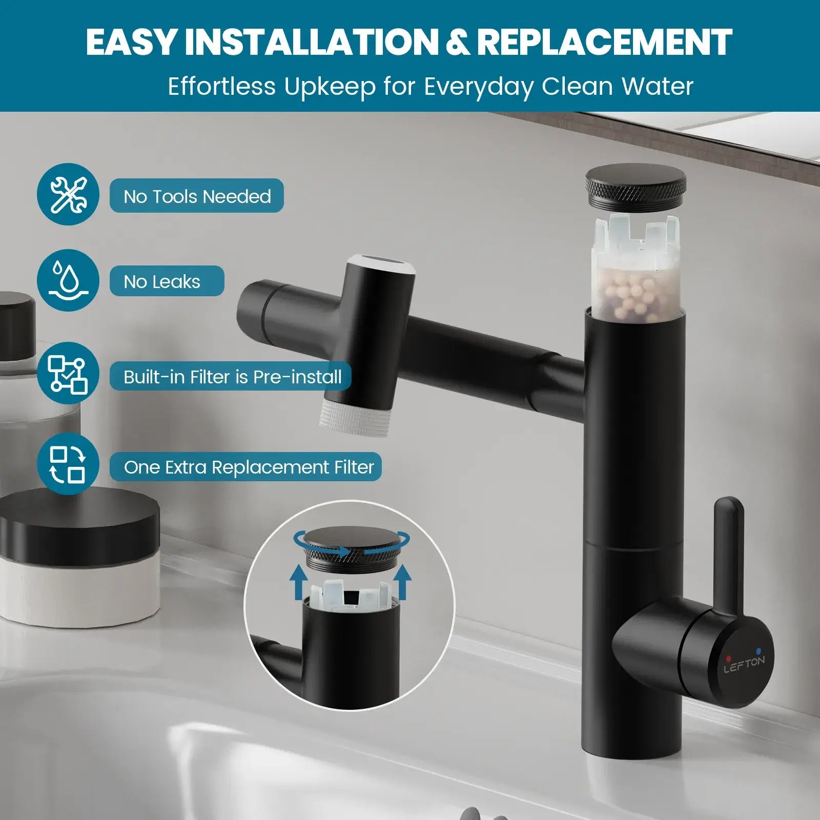 Lefton 1080° Rotating Bathroom Built-in Filter Faucet With Temperature Display-BPF01 -Bathroom Faucets- Lefton Home