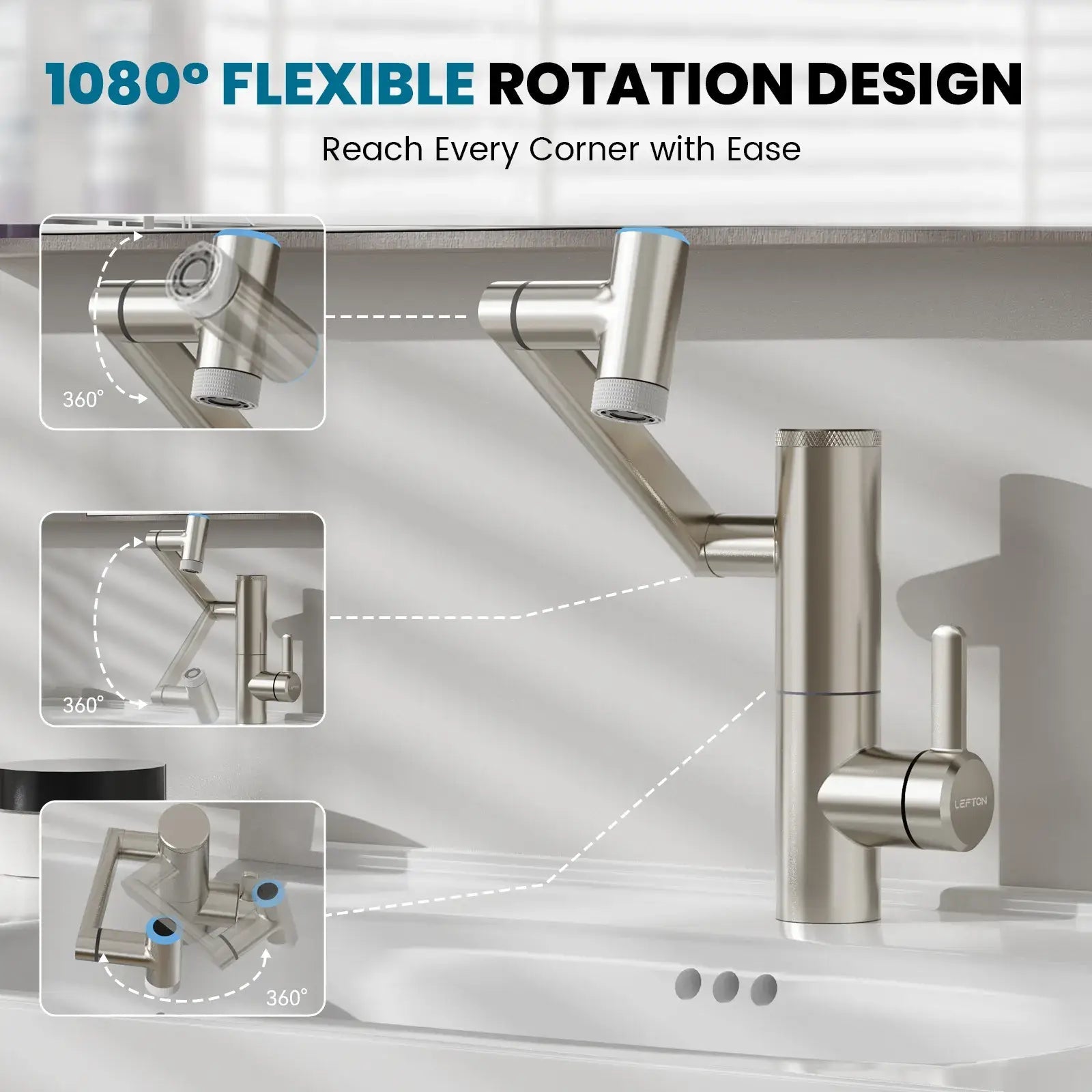 Lefton 1080° Rotating Bathroom Built-in Filter Faucet With Temperature Display-BPF01 -Bathroom Faucets- Lefton Home