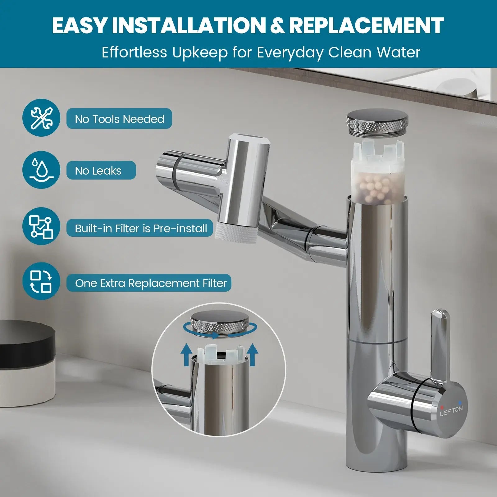 Lefton 1080° Rotating Bathroom Built-in Filter Faucet With Temperature Display-BPF01 -Bathroom Faucets- Lefton Home