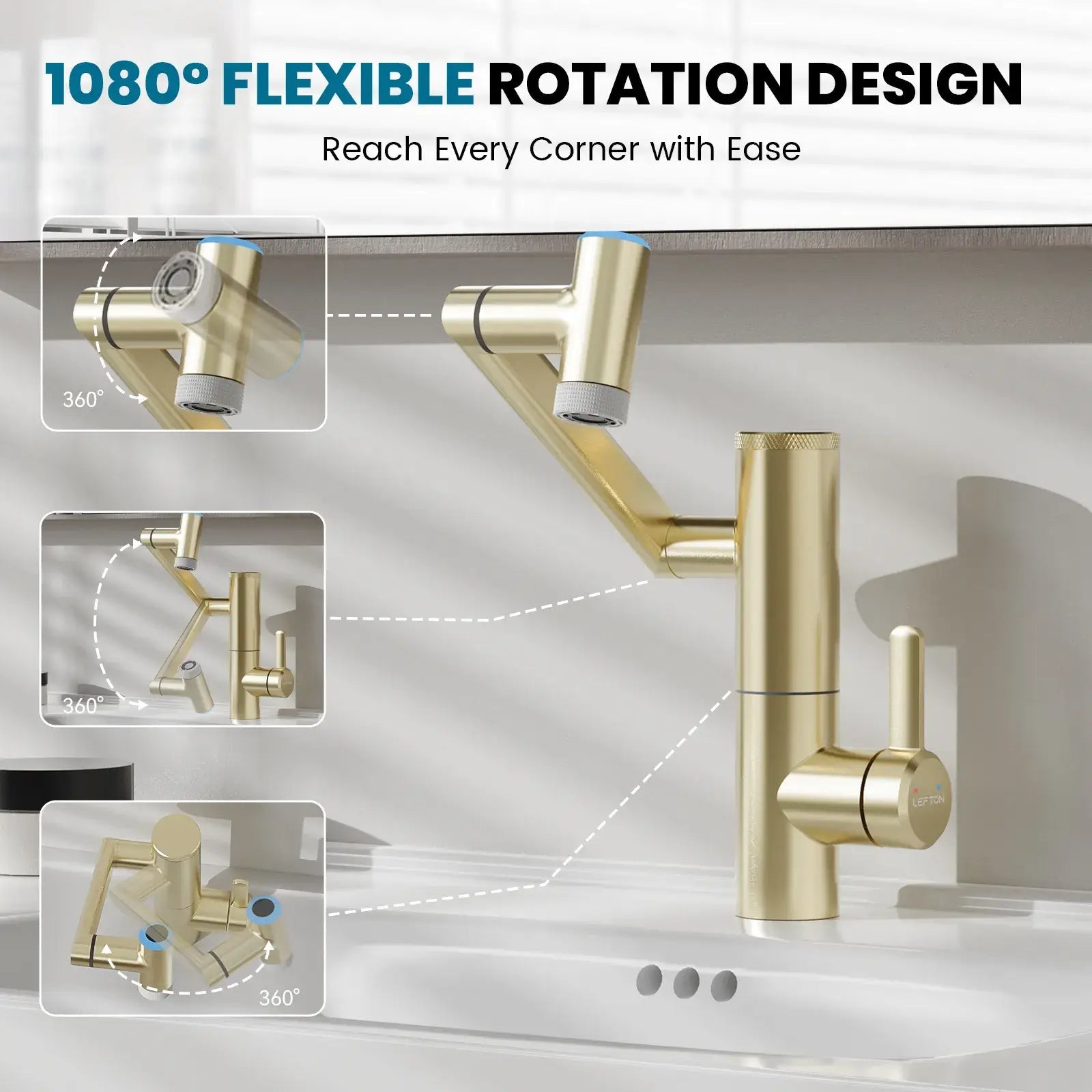 Lefton 1080° Rotating Bathroom Built-in Filter Faucet With Temperature Display-BPF01 -Bathroom Faucets- Lefton Home
