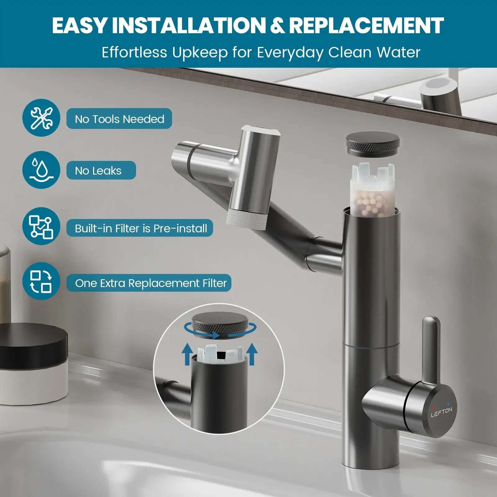 Lefton 1080° Rotating Bathroom Built-in Filter Faucet With Temperature Display-BPF01 -Bathroom Faucets- Lefton Home