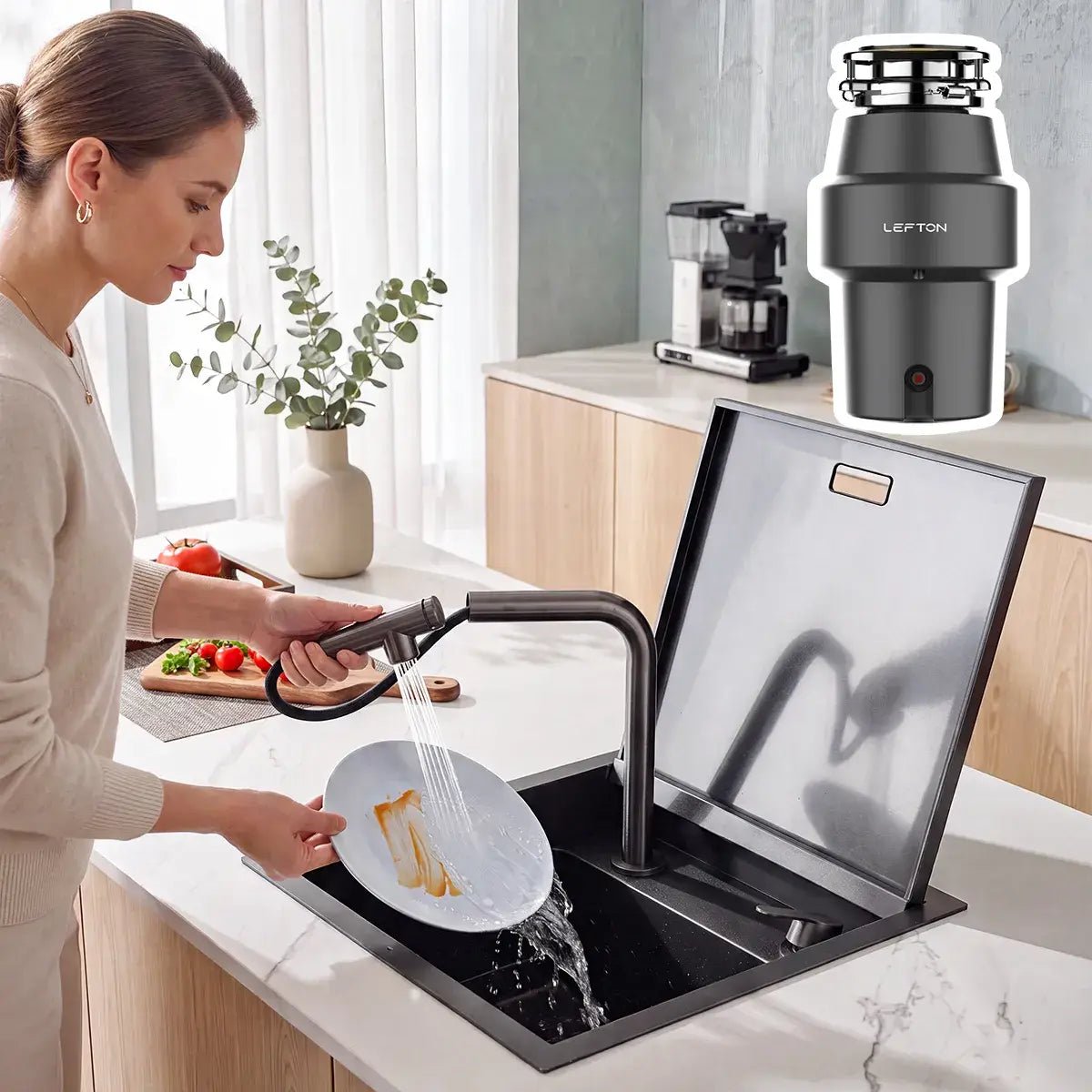 Lefton 17"x17" Concealed Workstation Sink-BS2502 with 1/2 HP Garbage Disposal-LGD-513 -Kitchen Sinks and Garbage Disposal- Lefton Home