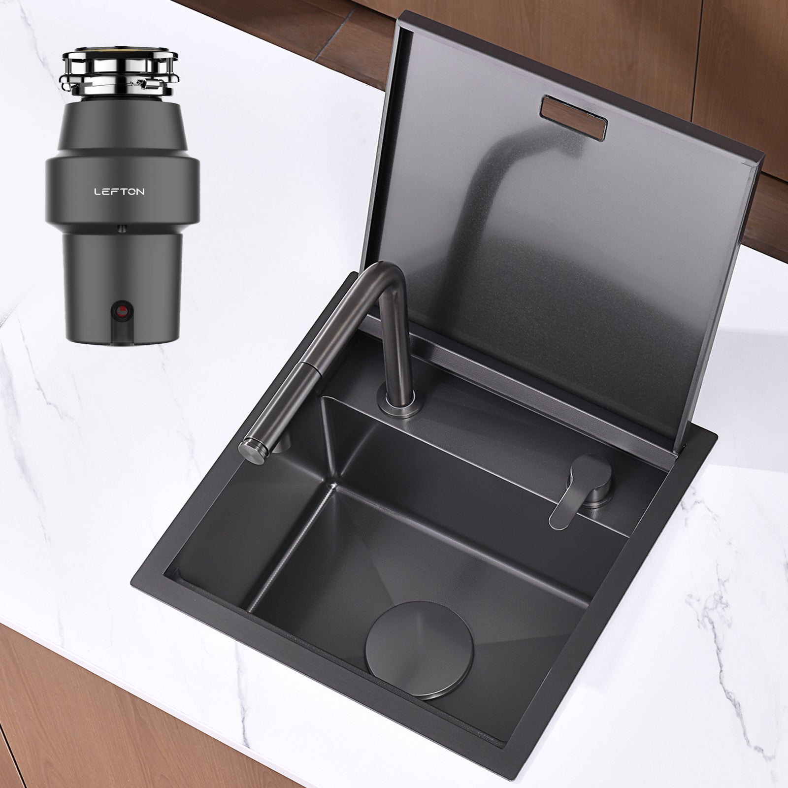 Lefton 17"x17" Stainless Steel Concealed RV & Kitchen Bar Workstation Sink with - BS2502 with 1/2 HP Garbage Disposal - Kitchen Sinks and Garbage Disposal - Lefton Home