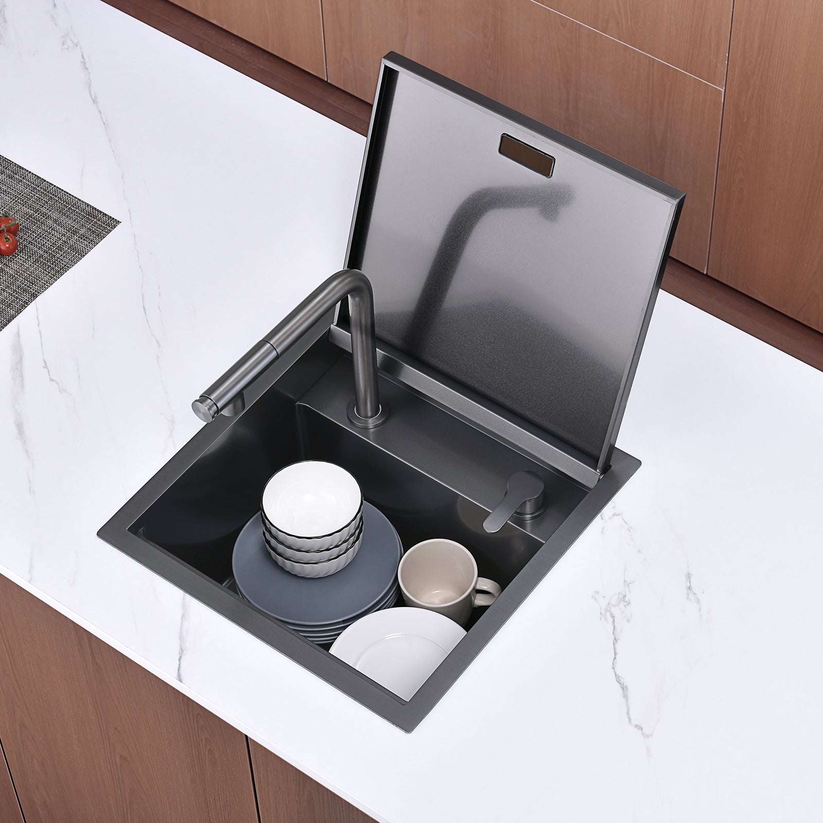 Lefton 17"x17" Stainless Steel Concealed RV & Kitchen Bar Workstation Sink with Liftable Pull - Out Faucet and Slow Drop Cover - BS2502 - Kitchen Sinks - Lefton Home