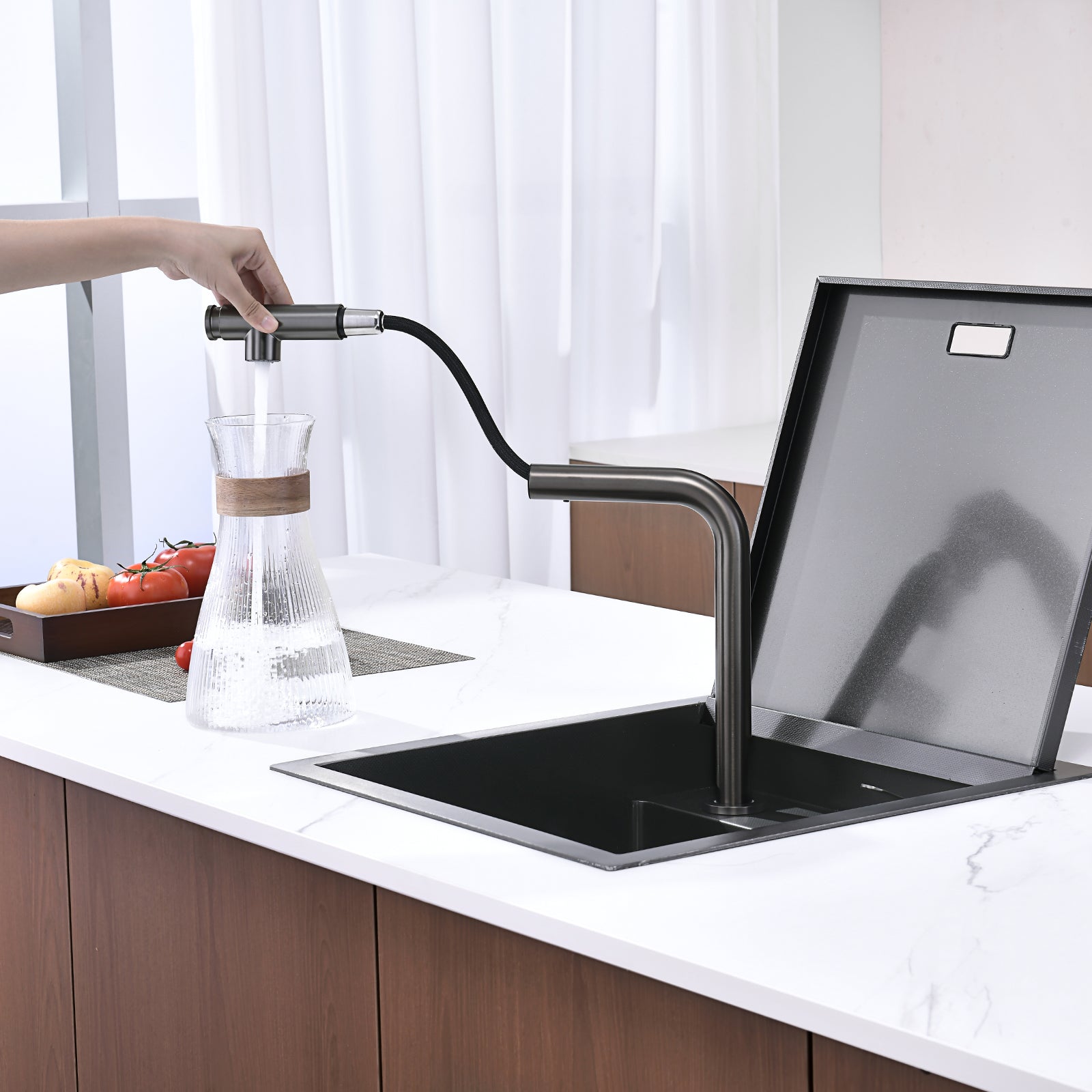 Lefton 17"x17" Stainless Steel Concealed RV & Kitchen Bar Workstation Sink with Liftable Pull - Out Faucet and Slow Drop Cover - BS2502 - Kitchen Sinks - Lefton Home