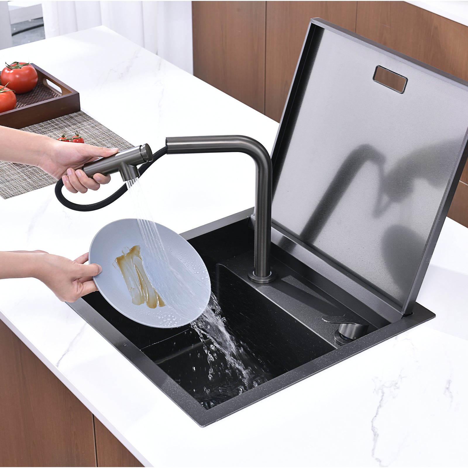 Lefton 17"x17" Stainless Steel Concealed RV & Kitchen Bar Workstation Sink with Liftable Pull - Out Faucet and Slow Drop Cover - BS2502 - Kitchen Sinks - Lefton Home