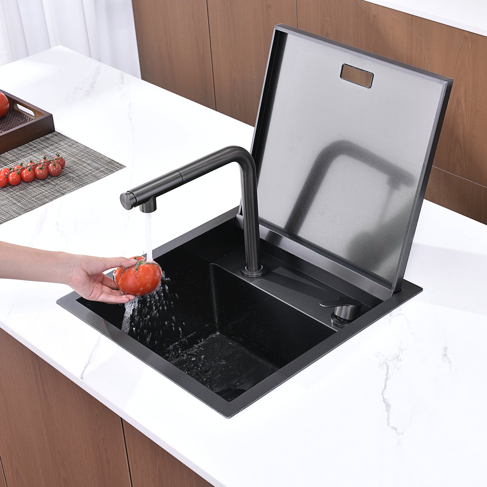 Lefton 17"x17" Stainless Steel Concealed RV & Kitchen Bar Workstation Sink with Liftable Pull - Out Faucet and Slow Drop Cover - BS2502 - Kitchen Sinks - Lefton Home