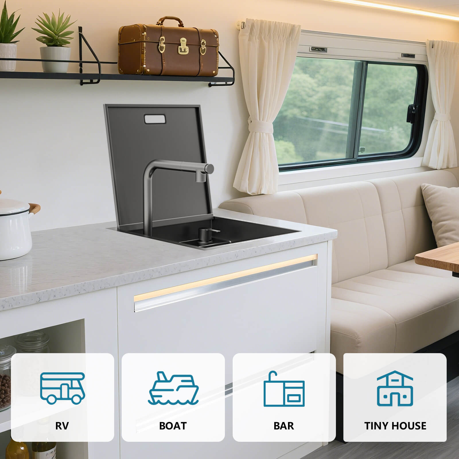 Lefton 17"x17" Stainless Steel Concealed RV & Kitchen Bar Workstation Sink with Liftable Pull - Out Faucet and Slow Drop Cover - BS2502 - Kitchen Sinks - Lefton Home