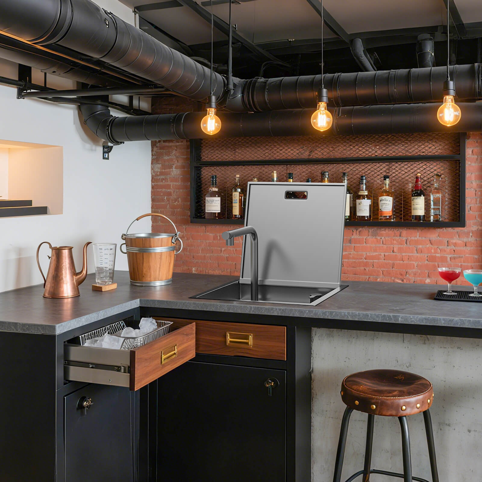 Lefton 17"x17" Stainless Steel Concealed RV & Kitchen Bar Workstation Sink with Liftable Pull - Out Faucet and Slow Drop Cover - BS2502 - Kitchen Sinks - Lefton Home