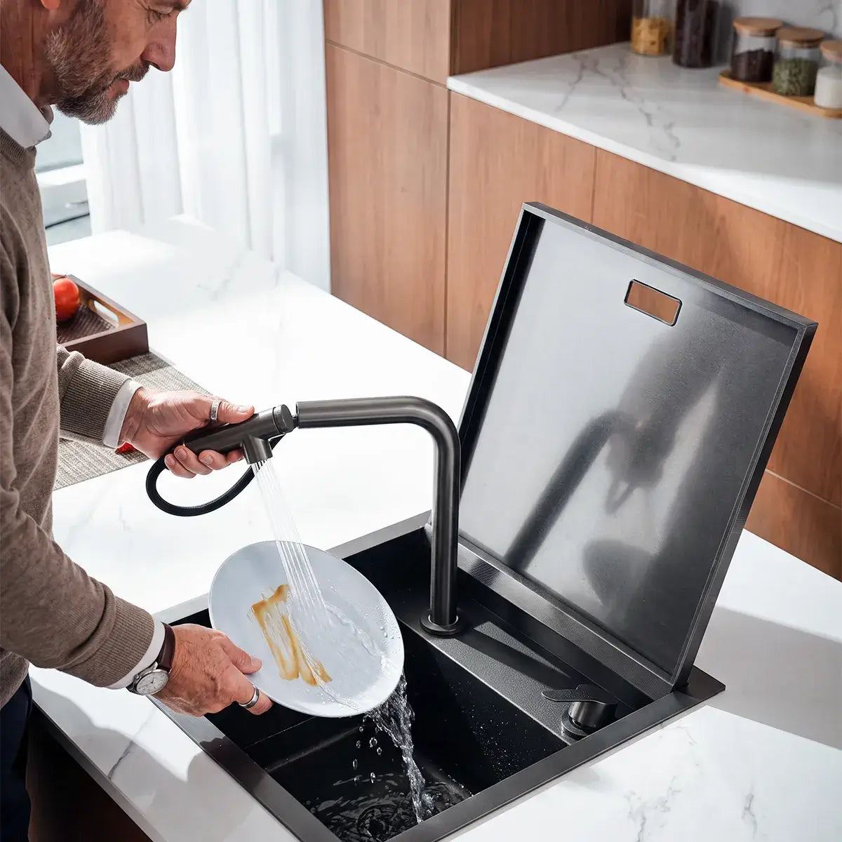 Lefton 17"x17" Stainless Steel Concealed RV & Kitchen Bar Workstation Sink with Liftable Pull - Out Faucet and Slow Drop Cover - BS2502 - Kitchen Sinks - Lefton Home