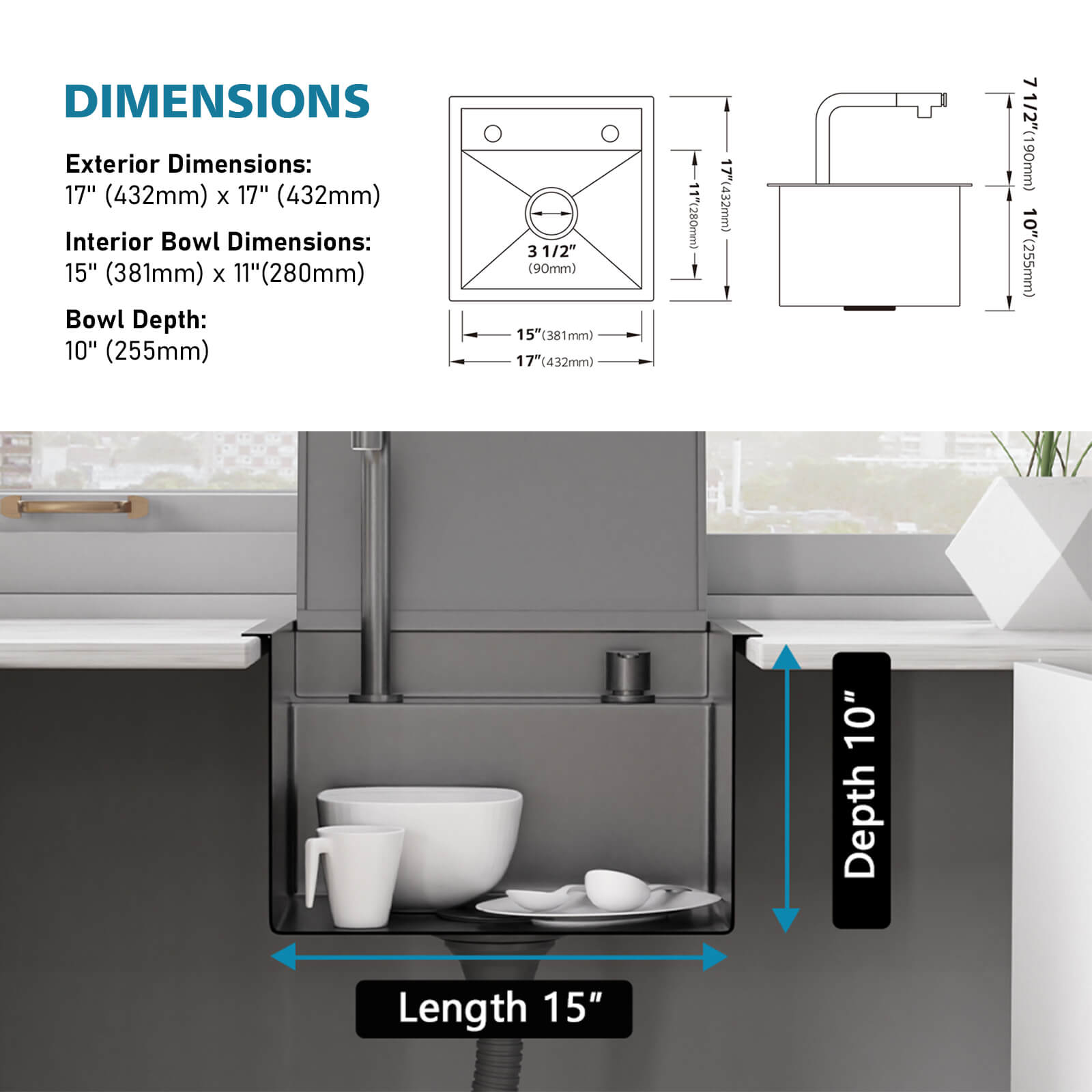 Lefton 17"x17" Stainless Steel Concealed RV & Kitchen Bar Workstation Sink with Liftable Pull - Out Faucet and Slow Drop Cover - BS2502 - Kitchen Sinks - Lefton Home