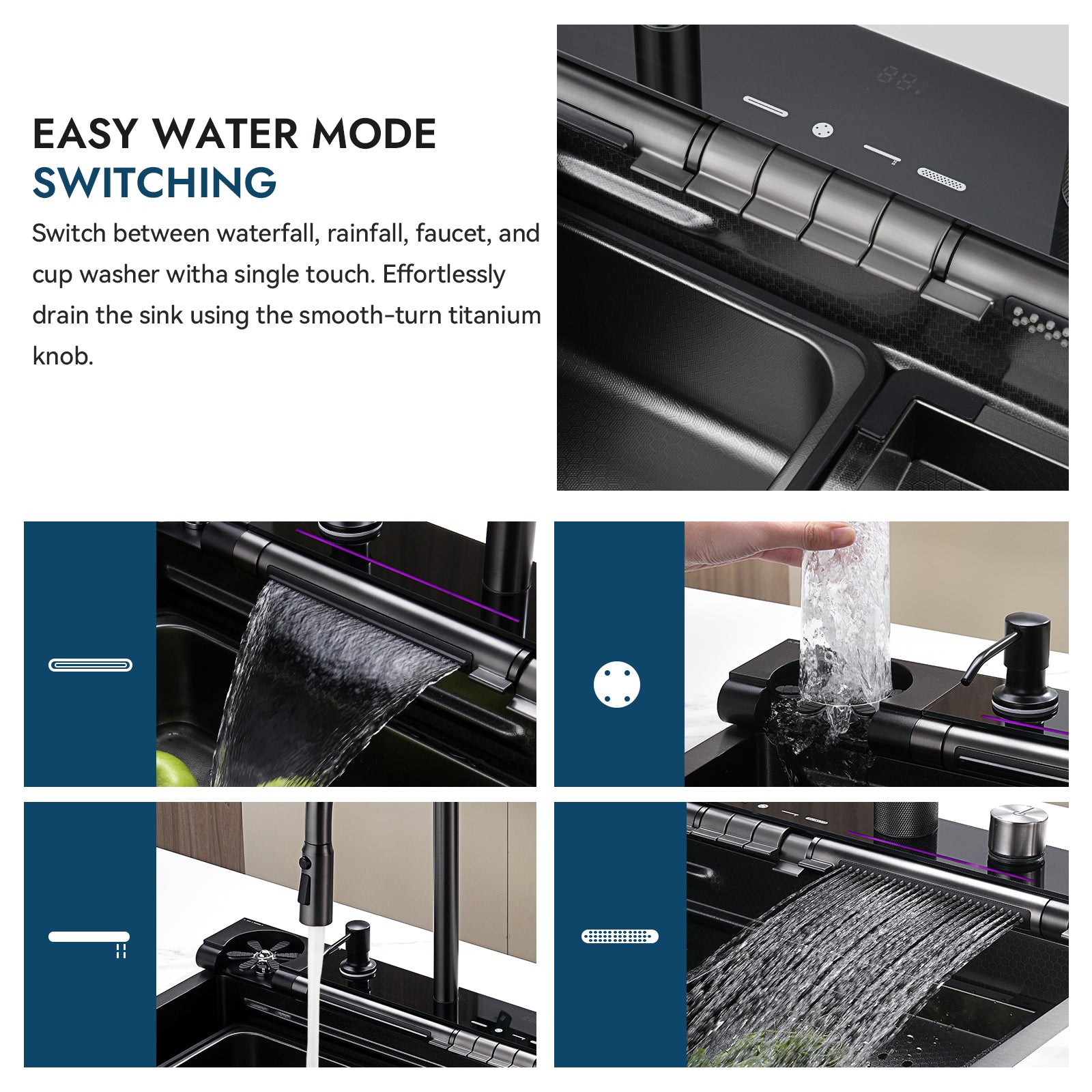 Lefton 33x22 Inch Waterfall Faucet Kitchen Sink with Digital Temperature Display & LED Lighting - KS2207L - Kitchen Sinks - Lefton Home