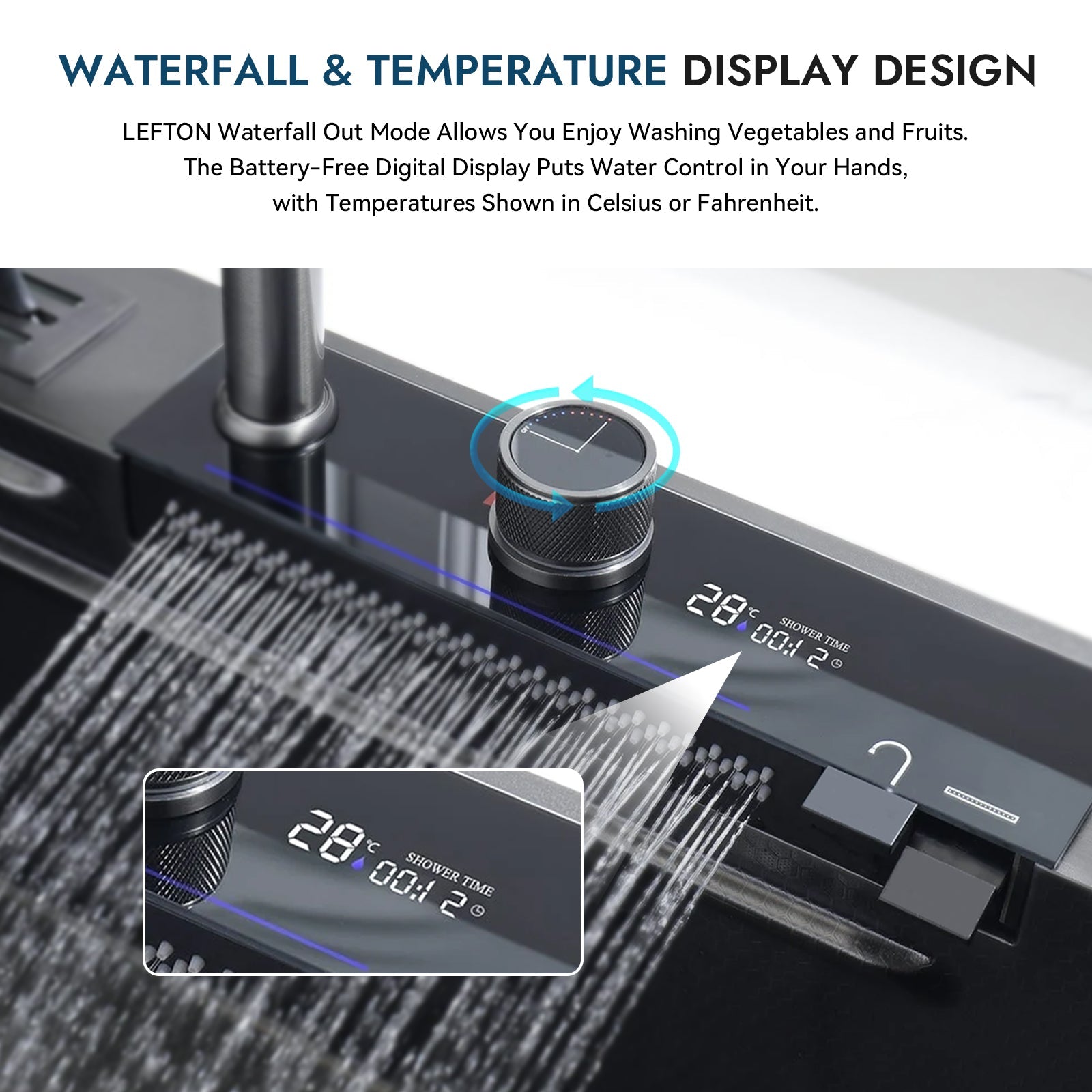Lefton 33x22 Inch Waterfall Workstation Kitchen Sink Set Digital Temperature Display & LED Lighting - KS2205L - Kitchen Sinks - Lefton Home