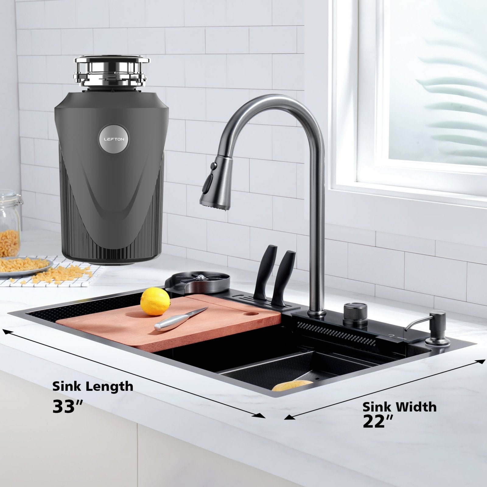 Lefton 33x22 Inch Waterfall Workstation Kitchen Sink Set - KS2205L with 1 HP Garbage Disposals LGD - 1010 - Kitchen Sinks - Lefton Home