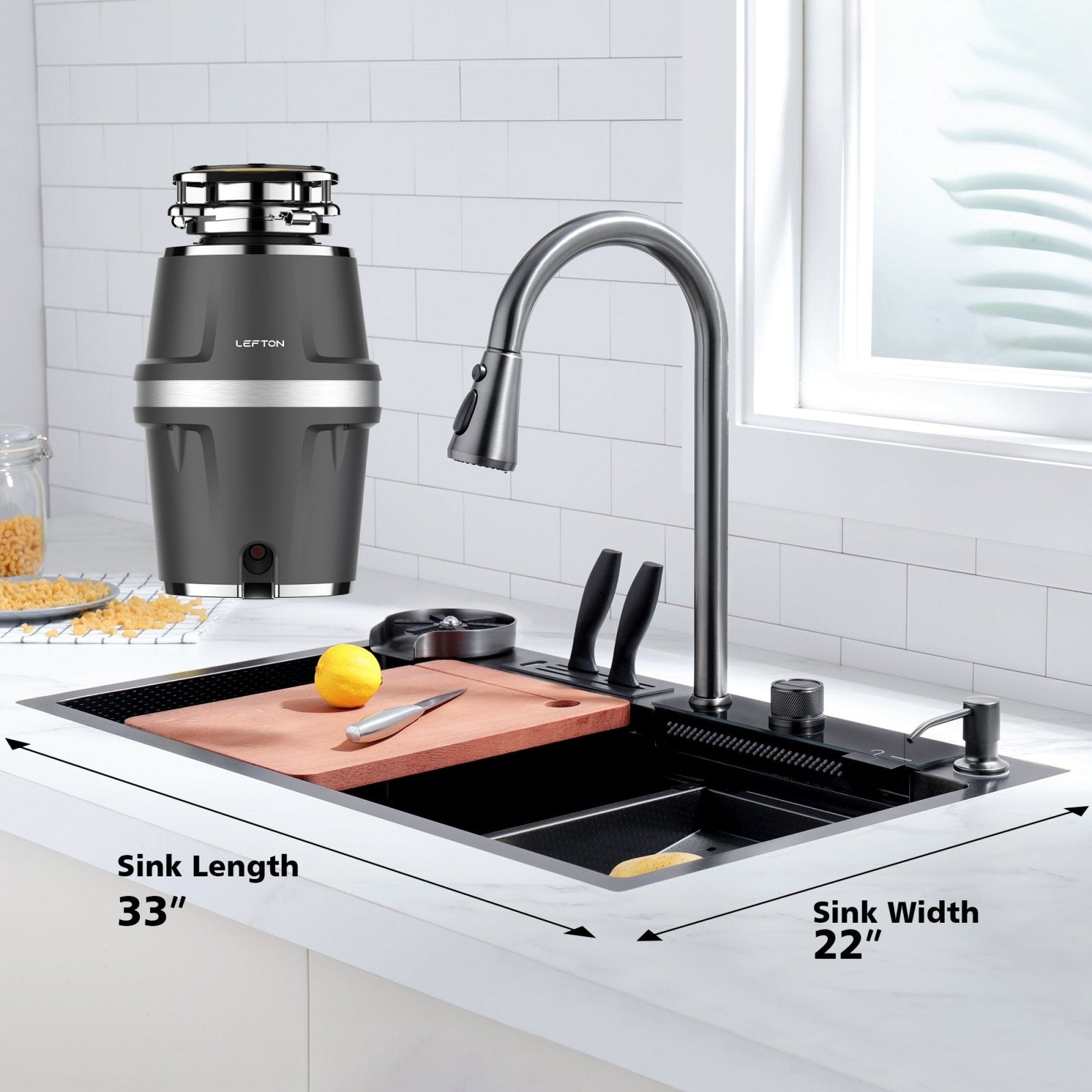 Lefton 33x22 Inch Waterfall Workstation Kitchen Sink Set - KS2205L with 3/4 HP Garbage Disposals LGD - 714 - Kitchen Sinks - Lefton Home