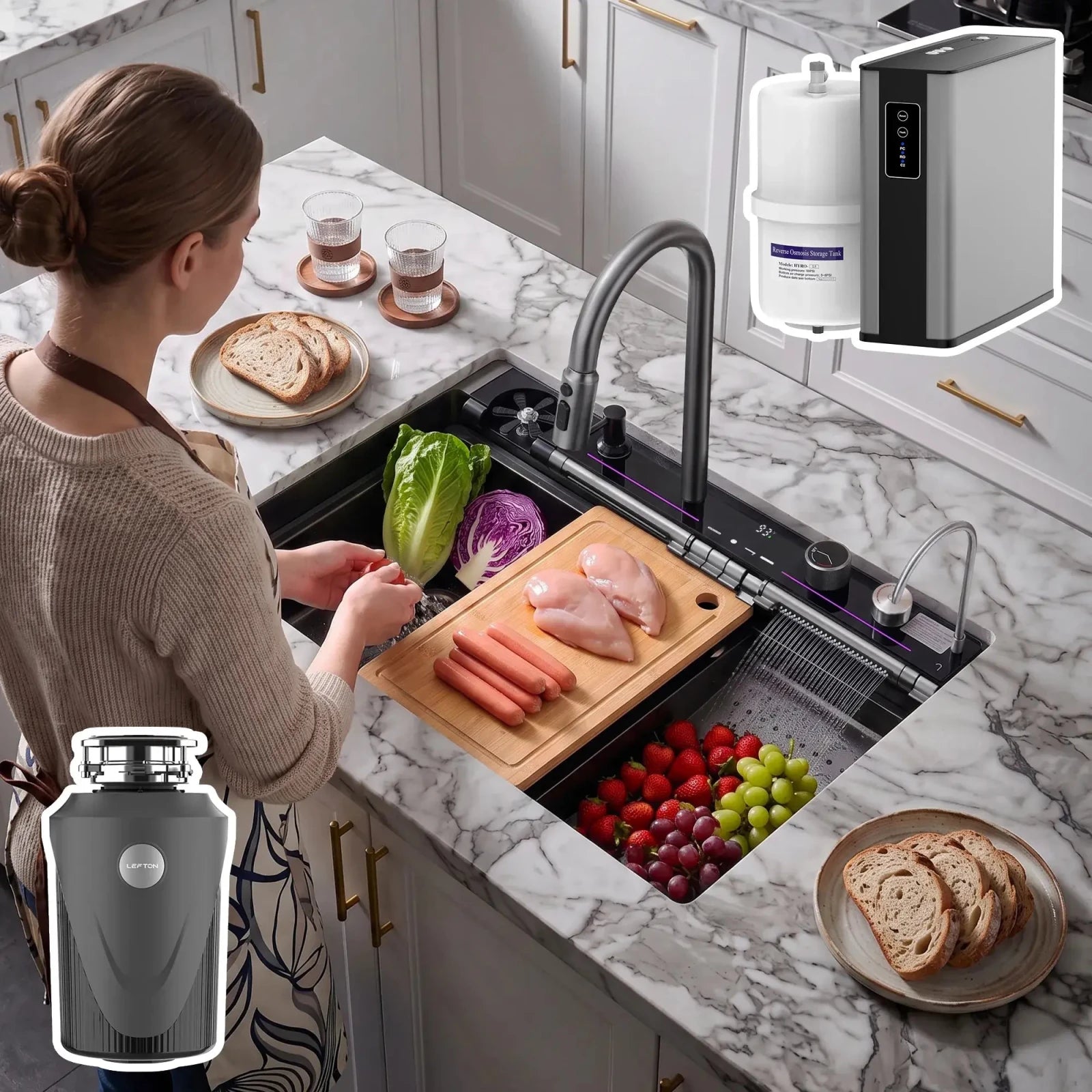Lefton 33"x22" Kitchen Sink-KS2207L-PRO with RO Water Filtration System-WF02 & 1 HP Garbage Disposal-LGD1010 -kitchen Sinks and Water Filters- Lefton Home