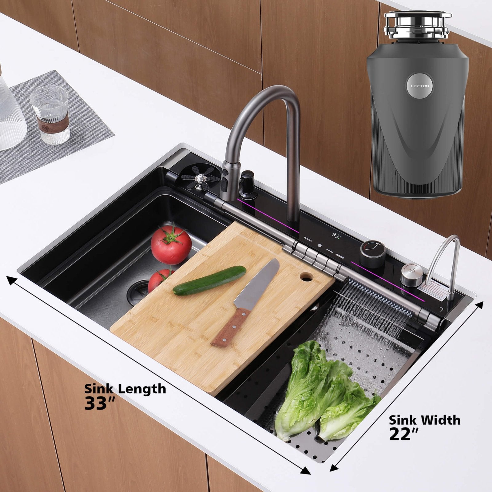 Lefton 33"x22" Stainless Steel Workstation Kitchen Sink - KS2207L - PRO with 1 HP Continuous Feed Garbage Disposal with Power Cord - LGD - 1010 - Kitchen Sink and Garbage Disposal - Lefton Home
