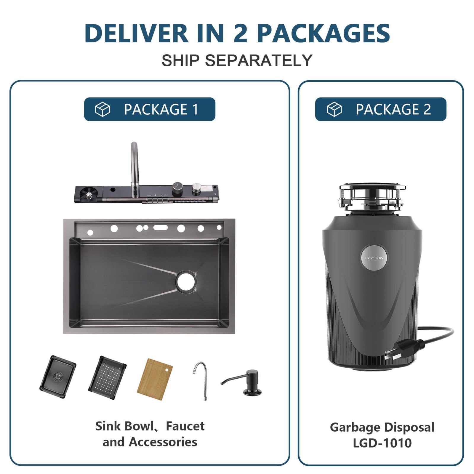 Lefton 33"x22" Stainless Steel Workstation Kitchen Sink - KS2207L - PRO with 1 HP Continuous Feed Garbage Disposal with Power Cord - LGD - 1010 - Kitchen Sink and Garbage Disposal - Lefton Home