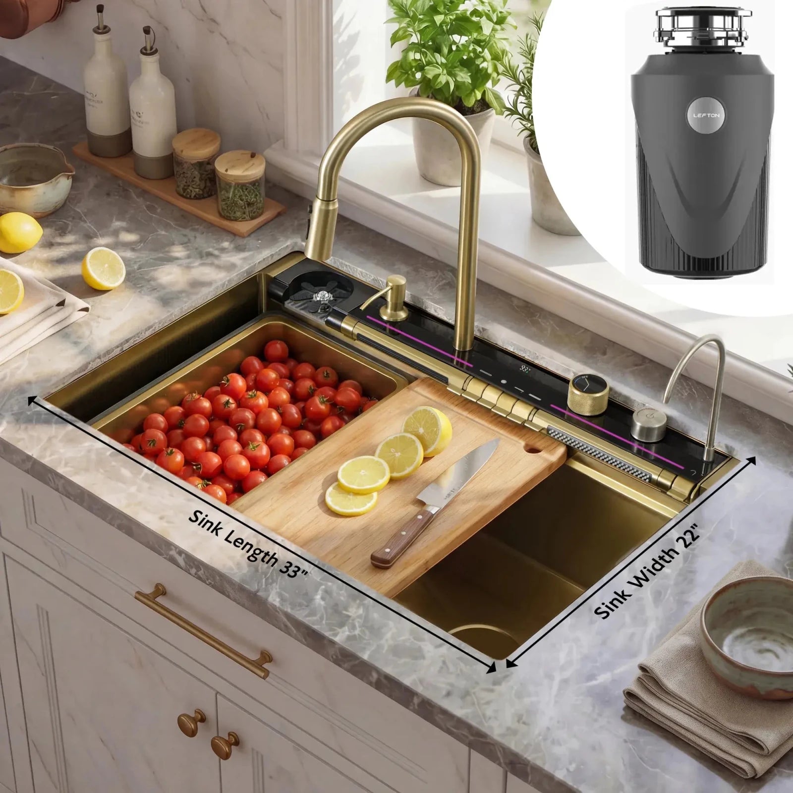 Lefton 33"x22" Stainless Steel Workstation Kitchen Sink-KS2207L-PRO with 1 HP Continuous Feed Garbage Disposal with Power Cord-LGD-1010 -Kitchen Sink and Garbage Disposal- Lefton Home