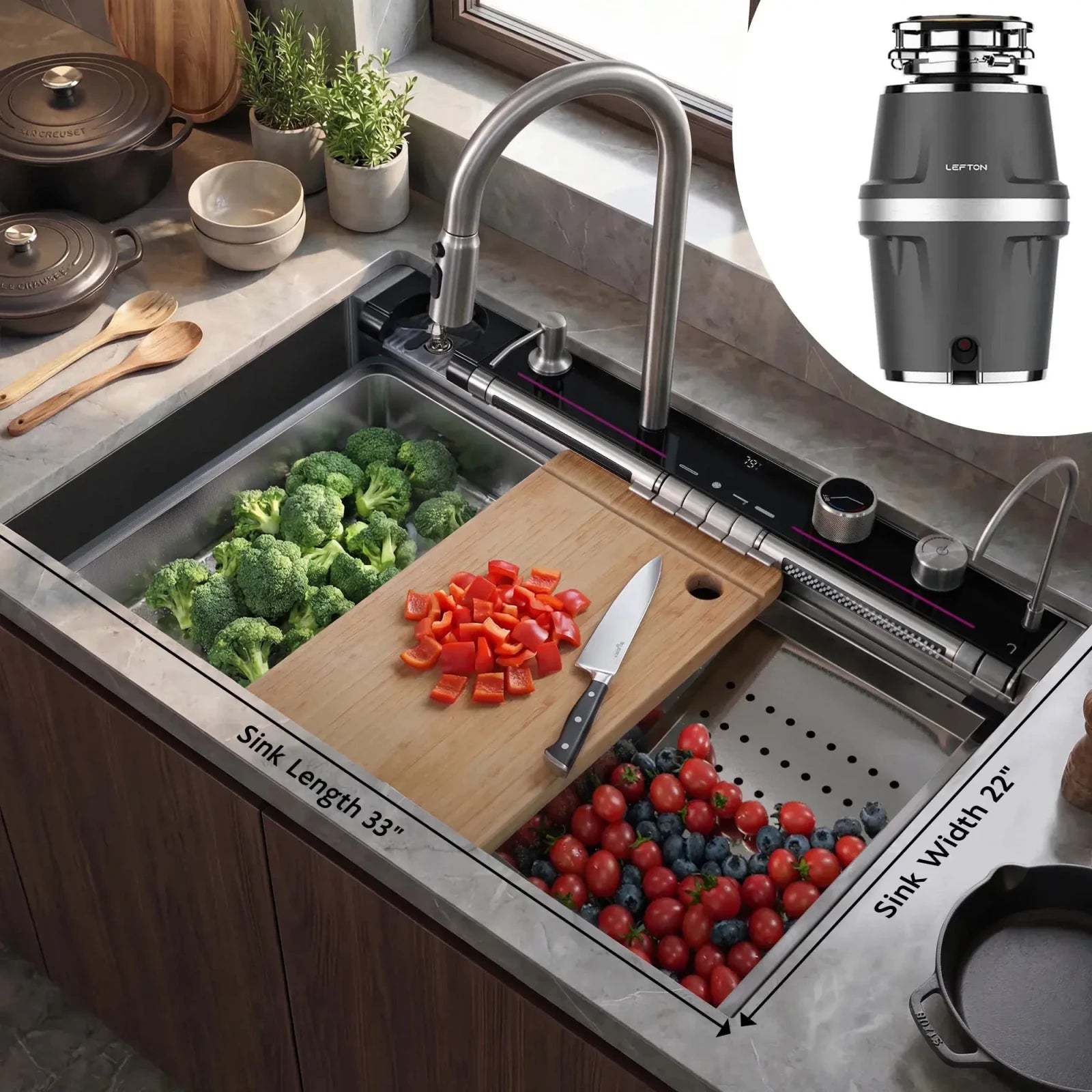 Lefton 33"x22" Stainless Steel Workstation Kitchen Sink-KS2207L-PRO with 3/4 HP Continuous Feed Food Waste Garbage Disposal-LGD-714 -Kitchen Sink and Garbage Disposal- Lefton Home