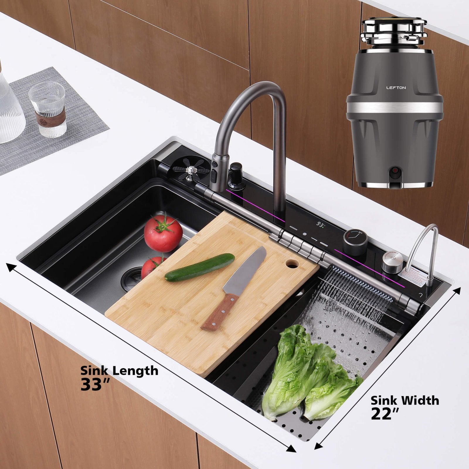 Lefton 33"x22" Stainless Steel Workstation Kitchen Sink - KS2207L - PRO with 3/4 HP Continuous Feed Food Waste Garbage Disposal - LGD - 714 - Kitchen Sink and Garbage Disposal - Lefton Home
