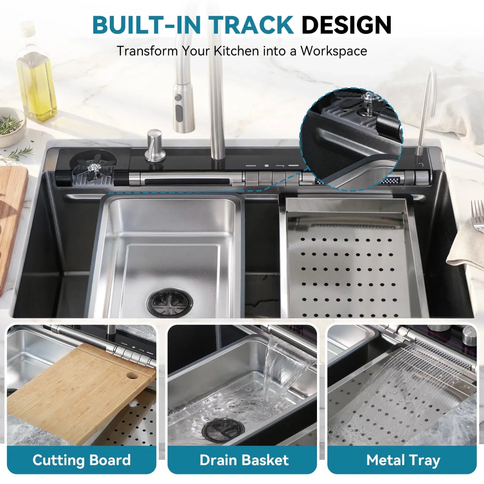 Lefton 33"x22" Stainless Steel Workstation Kitchen Sink with Pull-out Faucet & Digital Display-KS2207L-PRO -Kitchen Sinks- Lefton Home