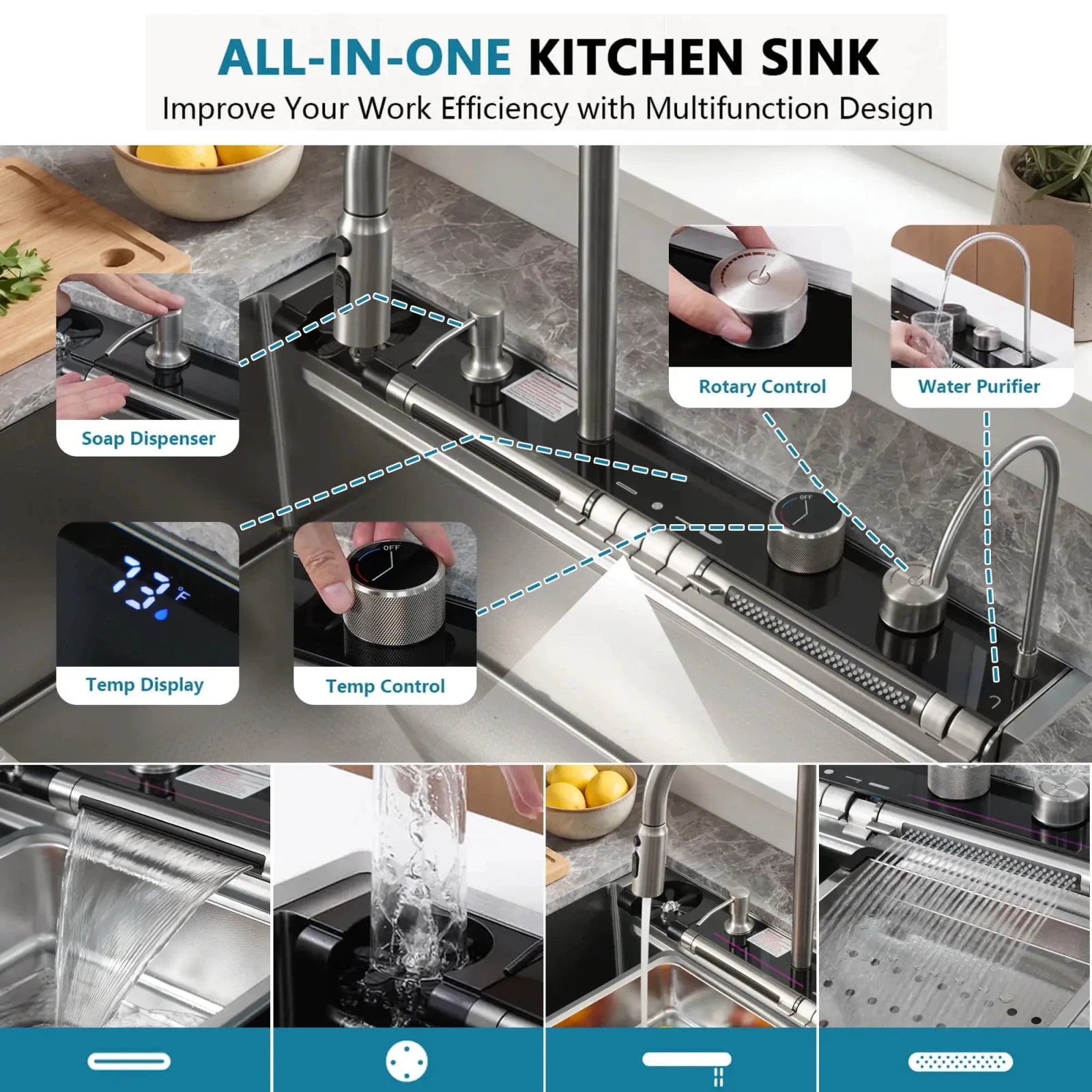 Lefton 33"x22" Stainless Steel Workstation Kitchen Sink with Pull-out Faucet & Digital Display-KS2207L-PRO -Kitchen Sinks- Lefton Home
