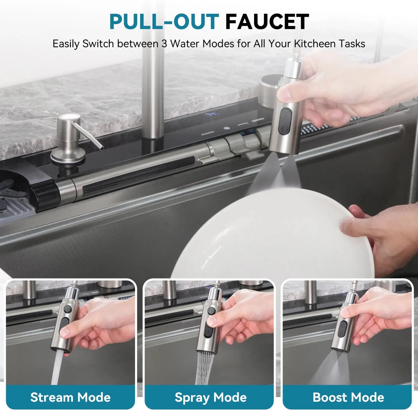 Lefton 33"x22" Stainless Steel Workstation Kitchen Sink with Pull-out Faucet & Digital Display-KS2207L-PRO -Kitchen Sinks- Lefton Home