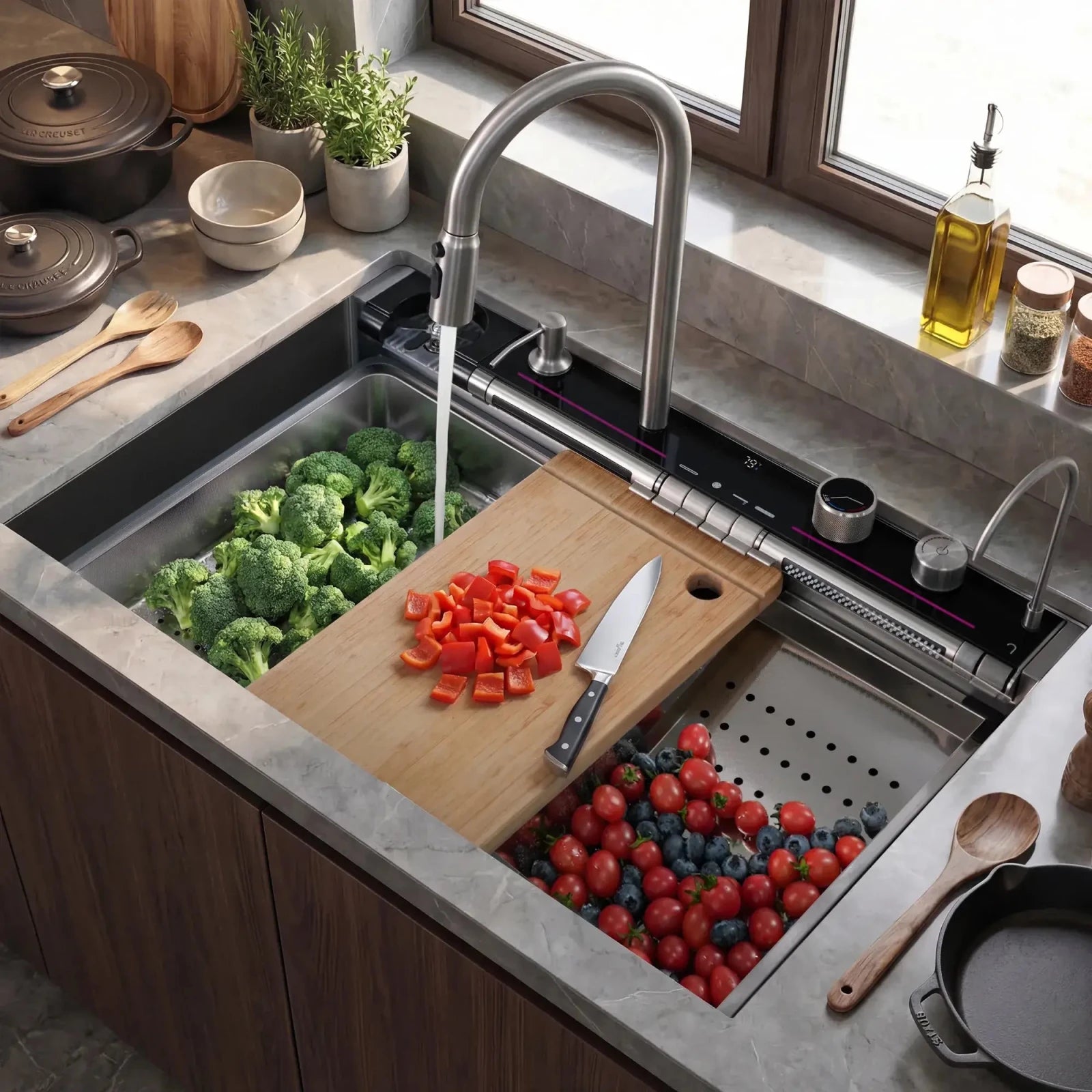 Lefton 33"x22" Stainless Steel Workstation Kitchen Sink with Pull-out Faucet & Digital Display-KS2207L-PRO -Kitchen Sinks- Lefton Home
