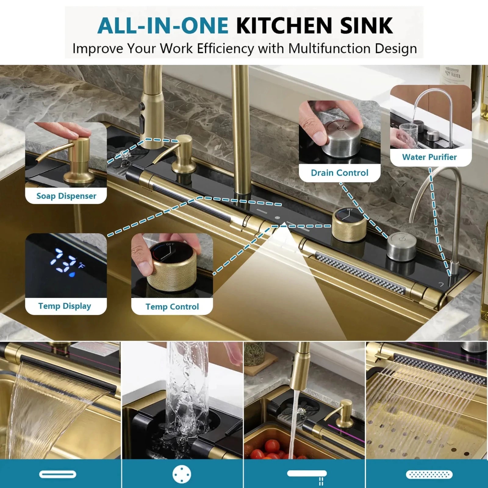 Lefton 33"x22" Stainless Steel Workstation Kitchen Sink with Pull-out Faucet & Digital Display-KS2207L-PRO -Kitchen Sinks- Lefton Home