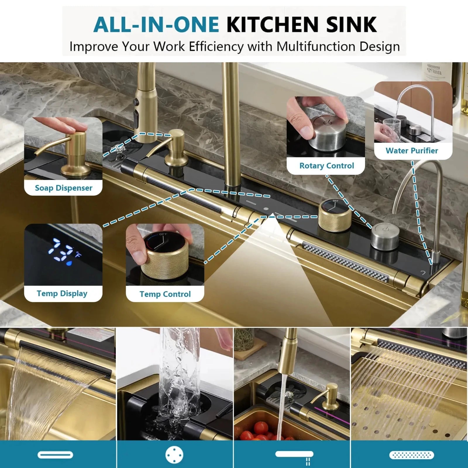 Lefton 33"x22" Stainless Steel Workstation Kitchen Sink with Pull-out Faucet & Digital Display-KS2207L-PRO -Kitchen Sinks- Lefton Home