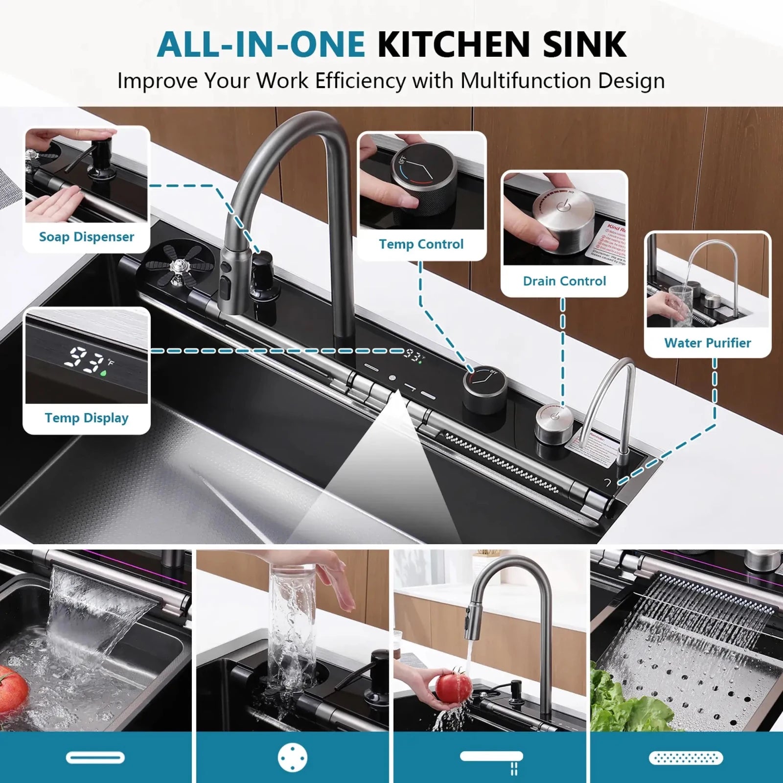 Lefton 33"x22" Stainless Steel Workstation Kitchen Sink with Pull-out Faucet & Digital Display-KS2207L-PRO -Kitchen Sinks- Lefton Home