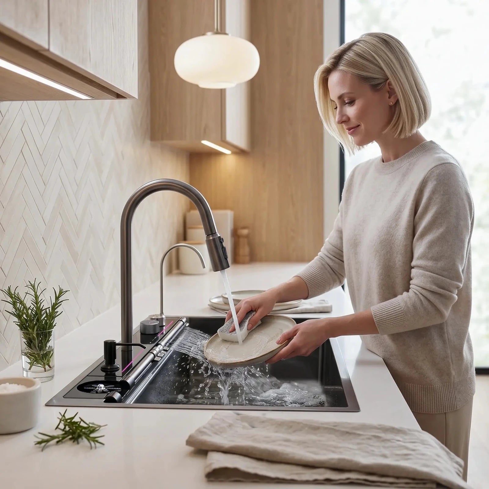 Lefton 33"x22" Stainless Steel Workstation Kitchen Sink with Pull - out Faucet & Digital Display - KS2207L - PRO - Kitchen Sinks - Lefton Home
