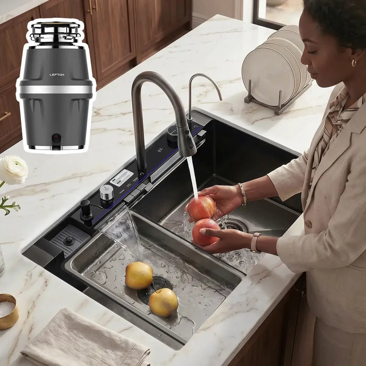 Lefton 33"x22" Waterfall Kitchen Sink-KS2206L-PRO with 3/4 HP Garbage Disposal-LGD-714 -Kitchen Sink and Garbage Disposal- Lefton Home