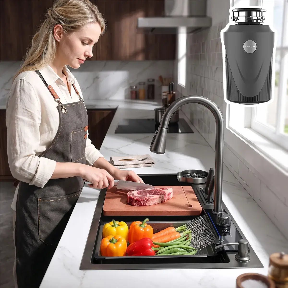 Lefton 33"x22" Waterfall Kitchen Sink Set-KS2205L with 1 HP Garbage Disposals LGD-1010 -Kitchen Sink and Garbage Disposal- Lefton Home